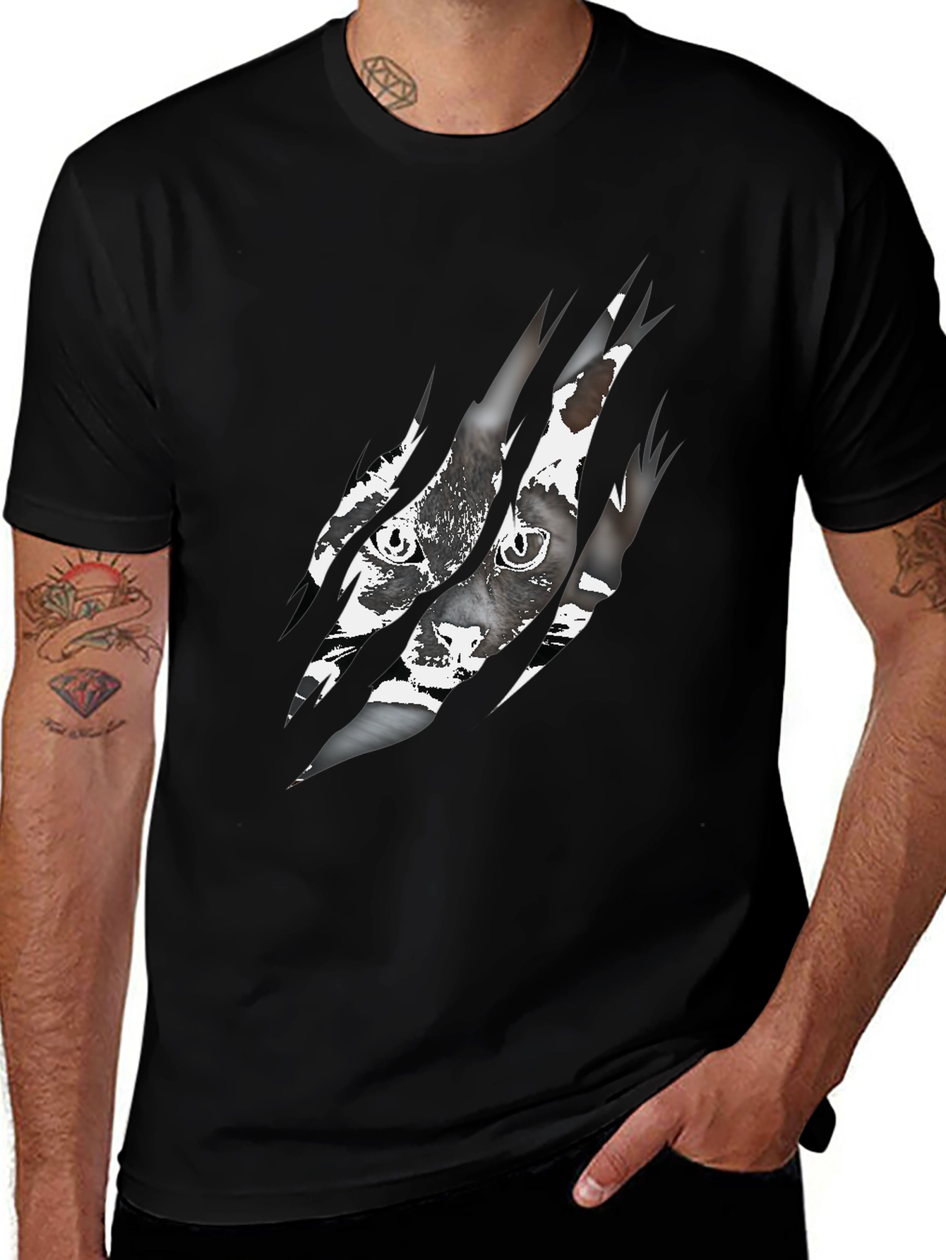 Ripped Cat Graphic Tee - Claw Marks Reveal Feline