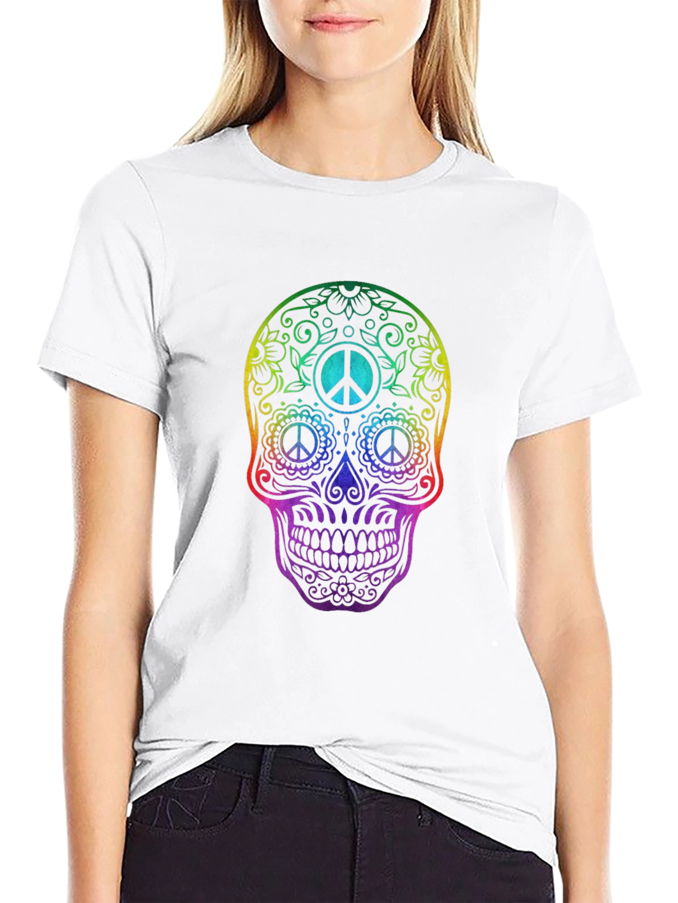 Rainbow Skull Peace Sign T-Shirt