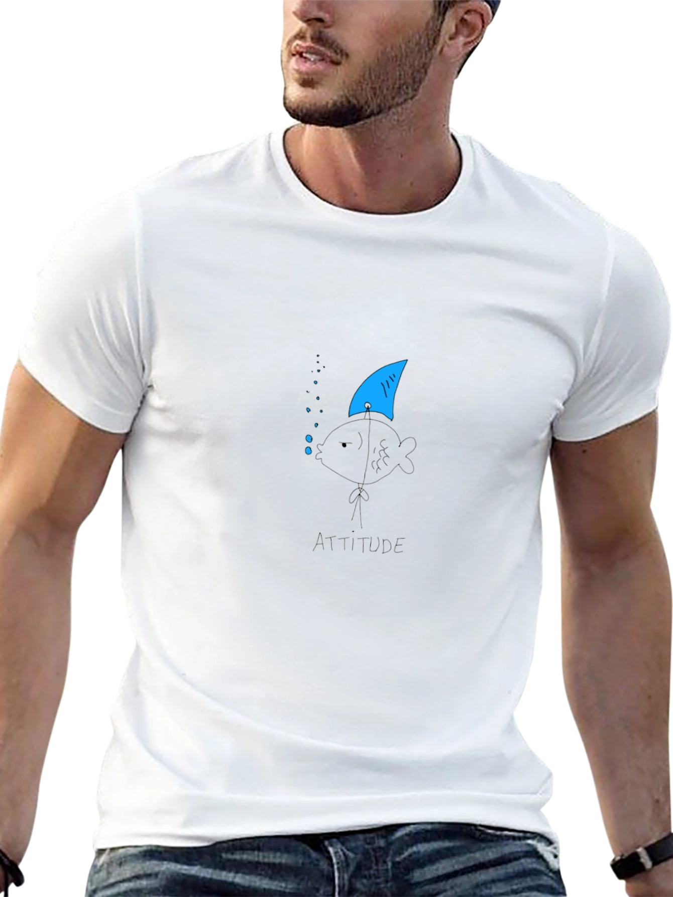 Attitude Fish Tee - Shark Fin Black Cotton T-Shirt