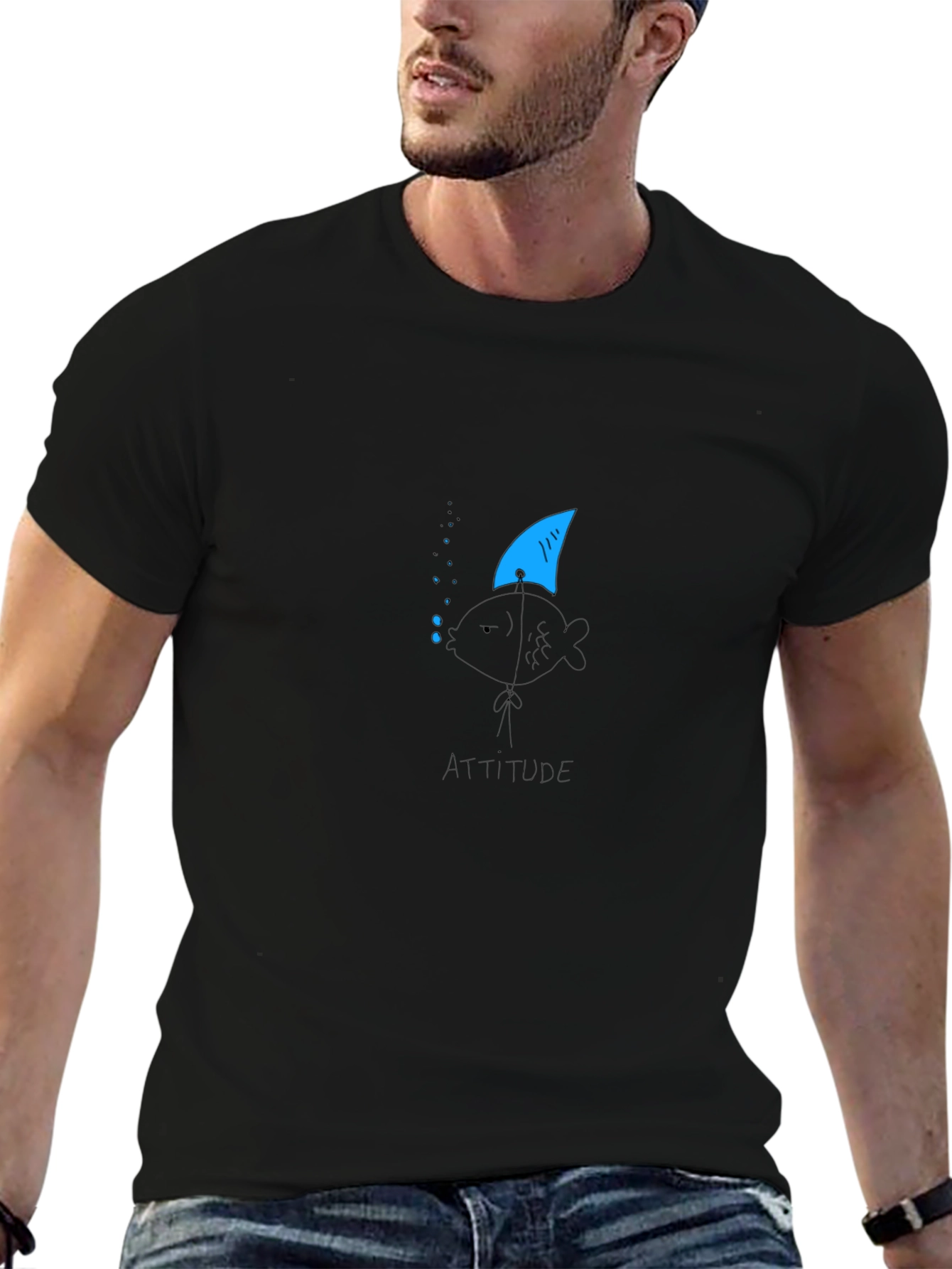 Attitude Fish Tee - Shark Fin Black Cotton T-Shirt