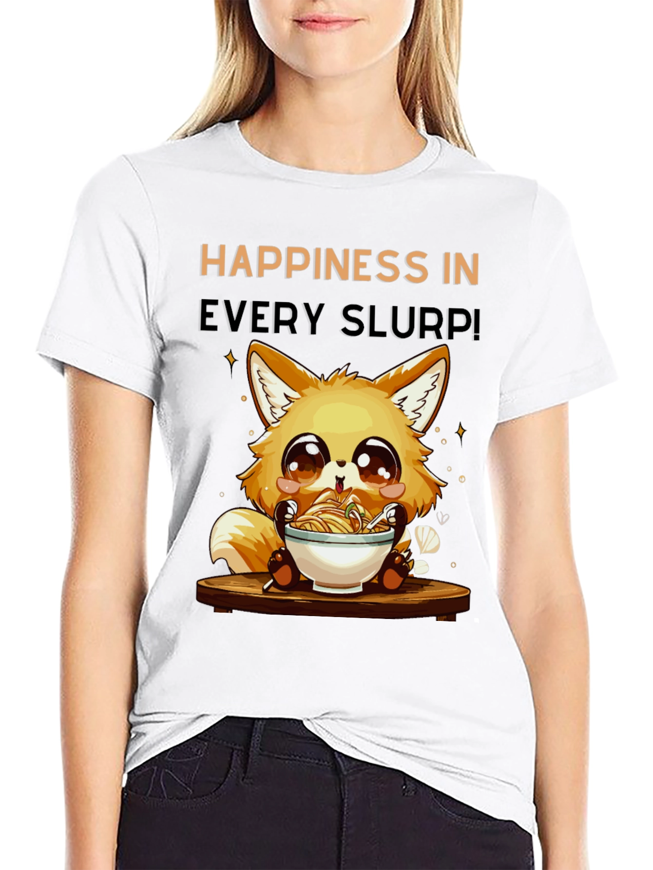 Happiness Slurp Ramen T-Shirt - Cute Fox Design