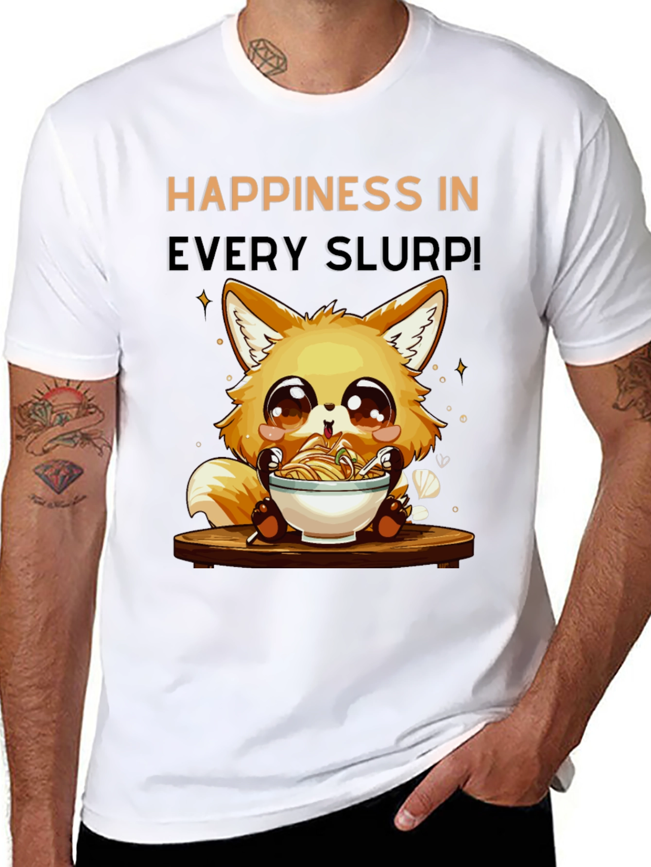 Happiness Slurp Ramen T-Shirt - Cute Fox Design