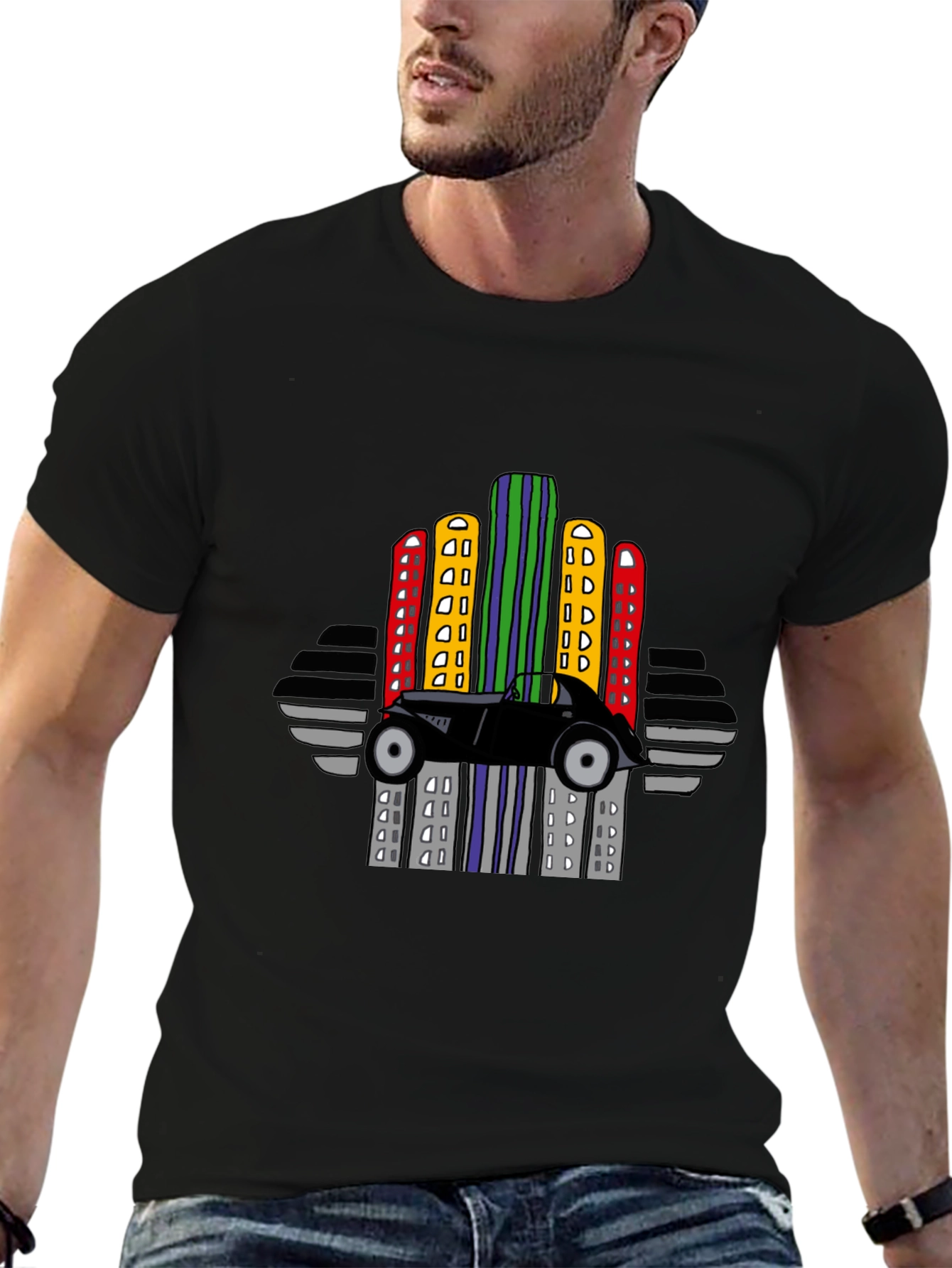 Retro Car & City Skyline Black T-Shirt