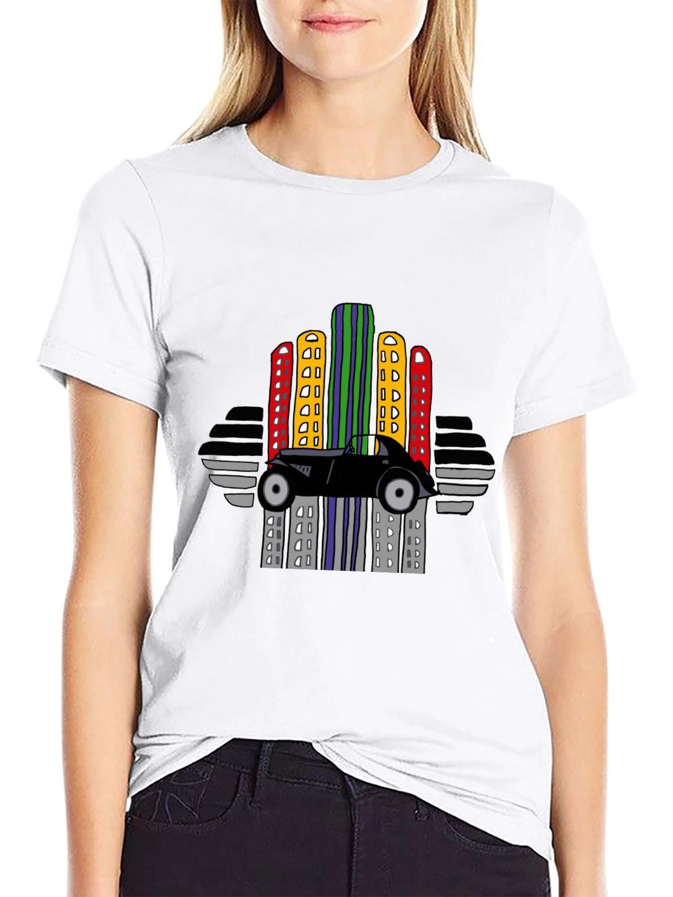 Retro Car & City Skyline Black T-Shirt