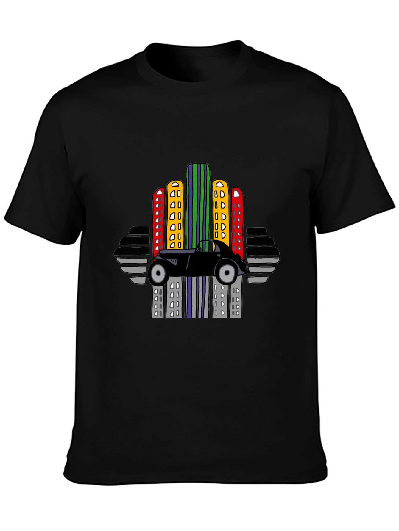Retro Car & City Skyline Black T-Shirt