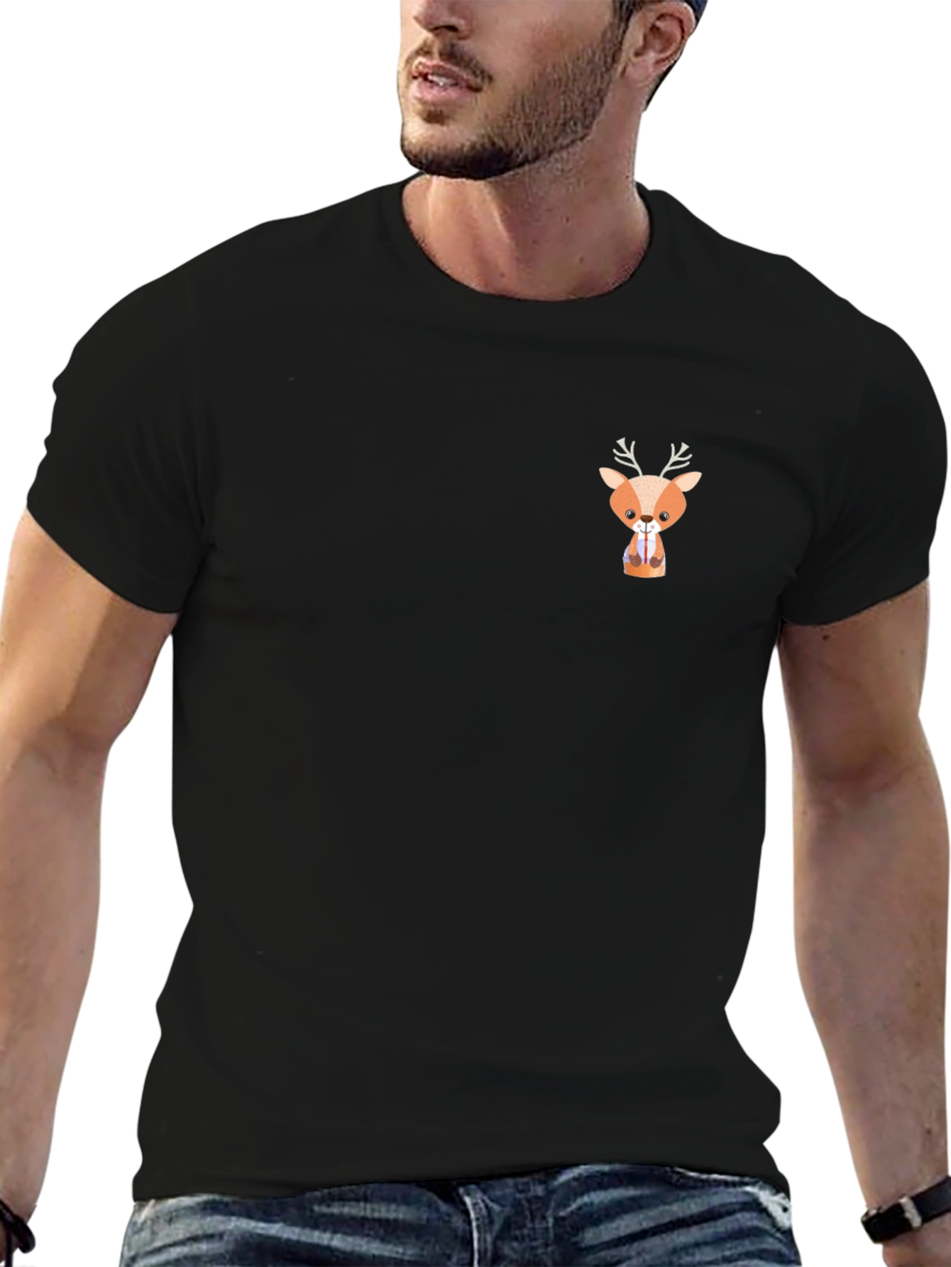 Cute Deer Graphic Black T-Shirt