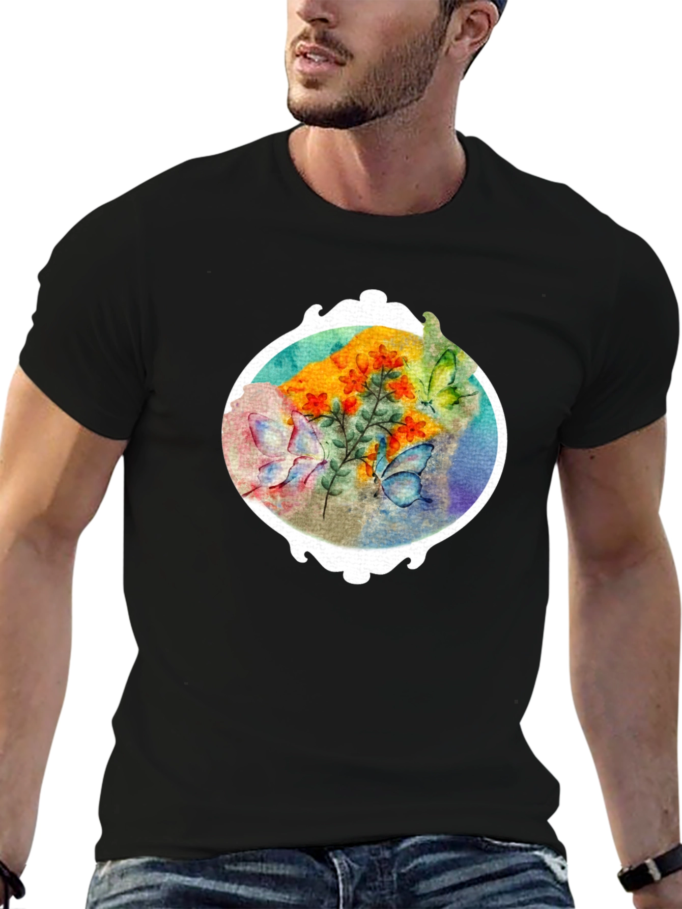 Floral Butterfly Graphic Tee - Stylish Mens T-Shirt