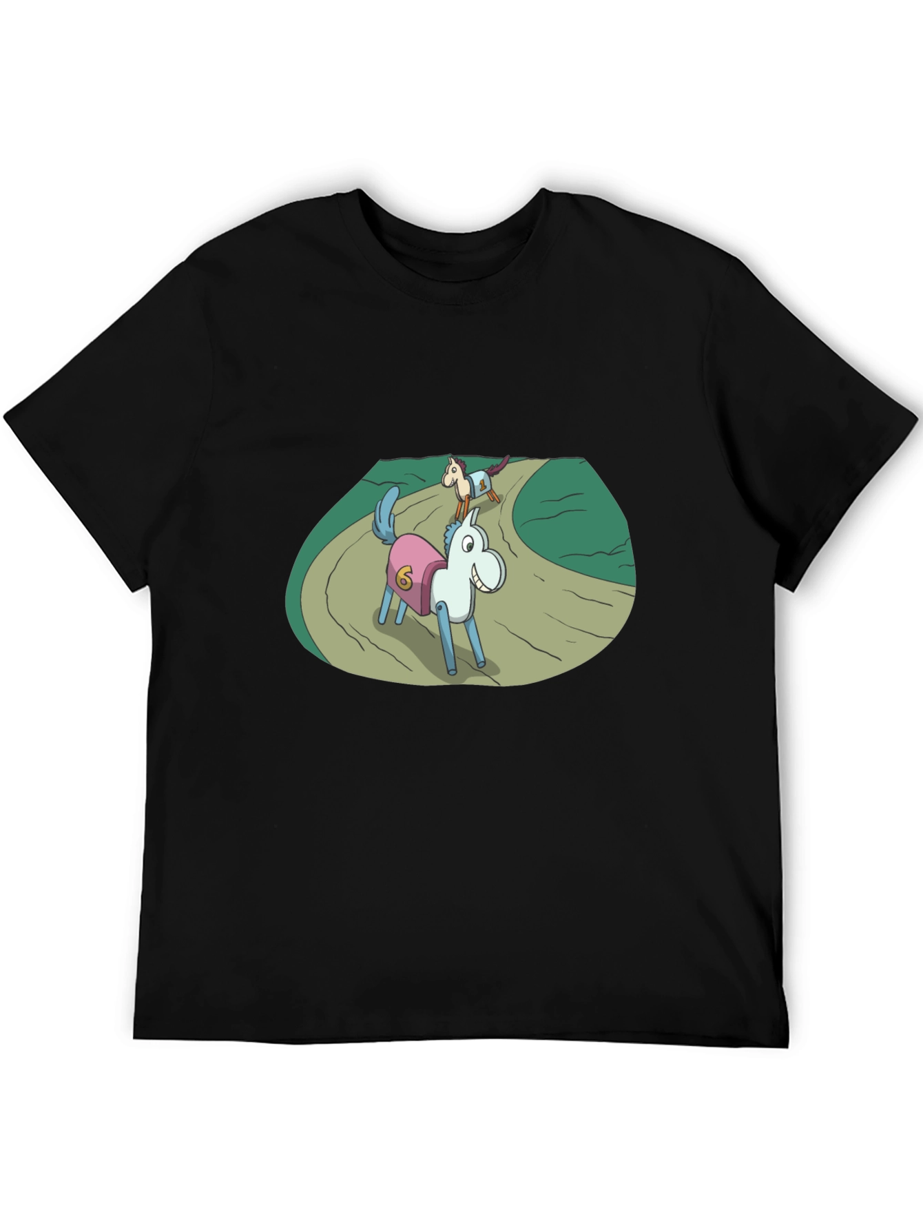 Cartoon Horse Race Black T-Shirt