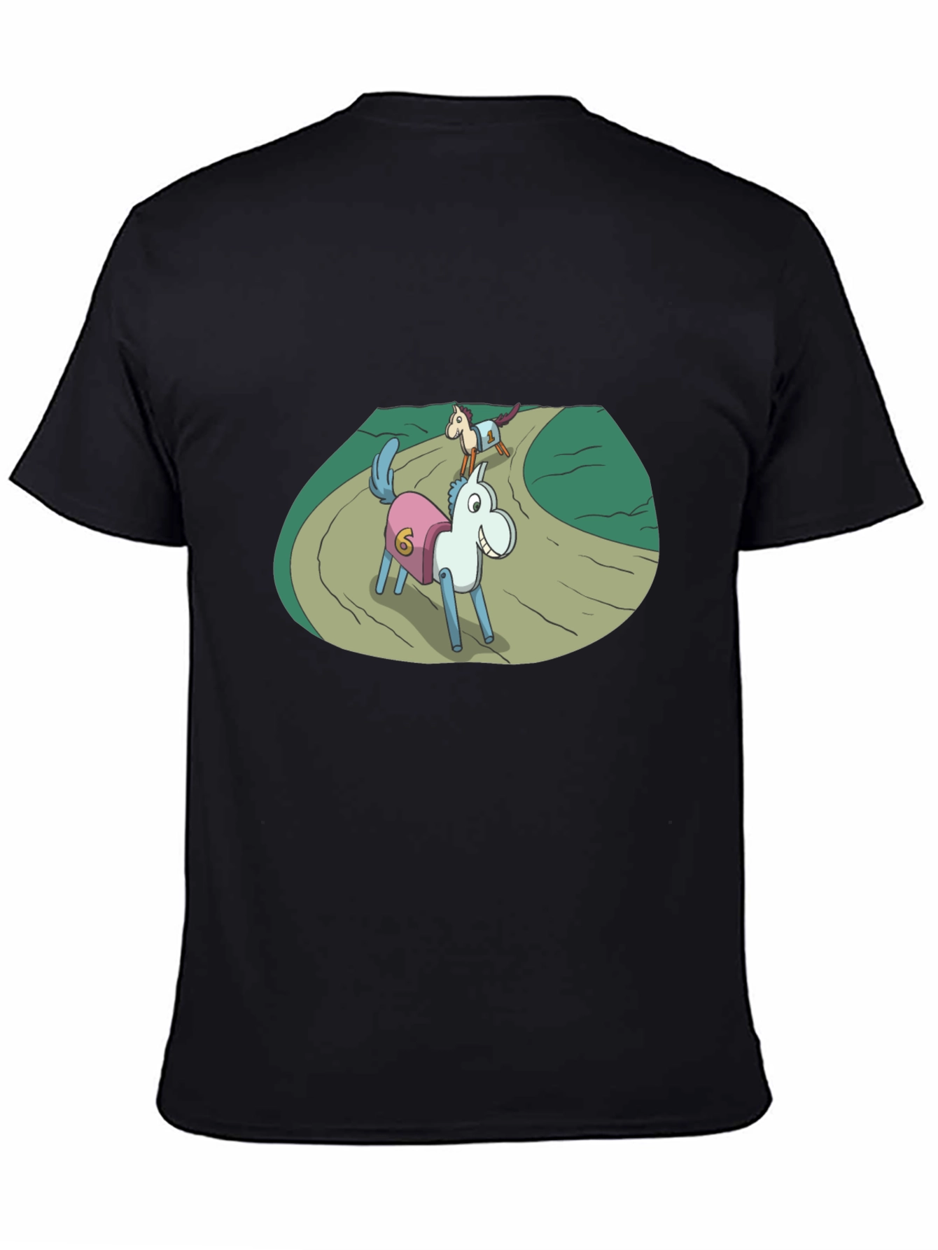 Cartoon Horse Race Black T-Shirt
