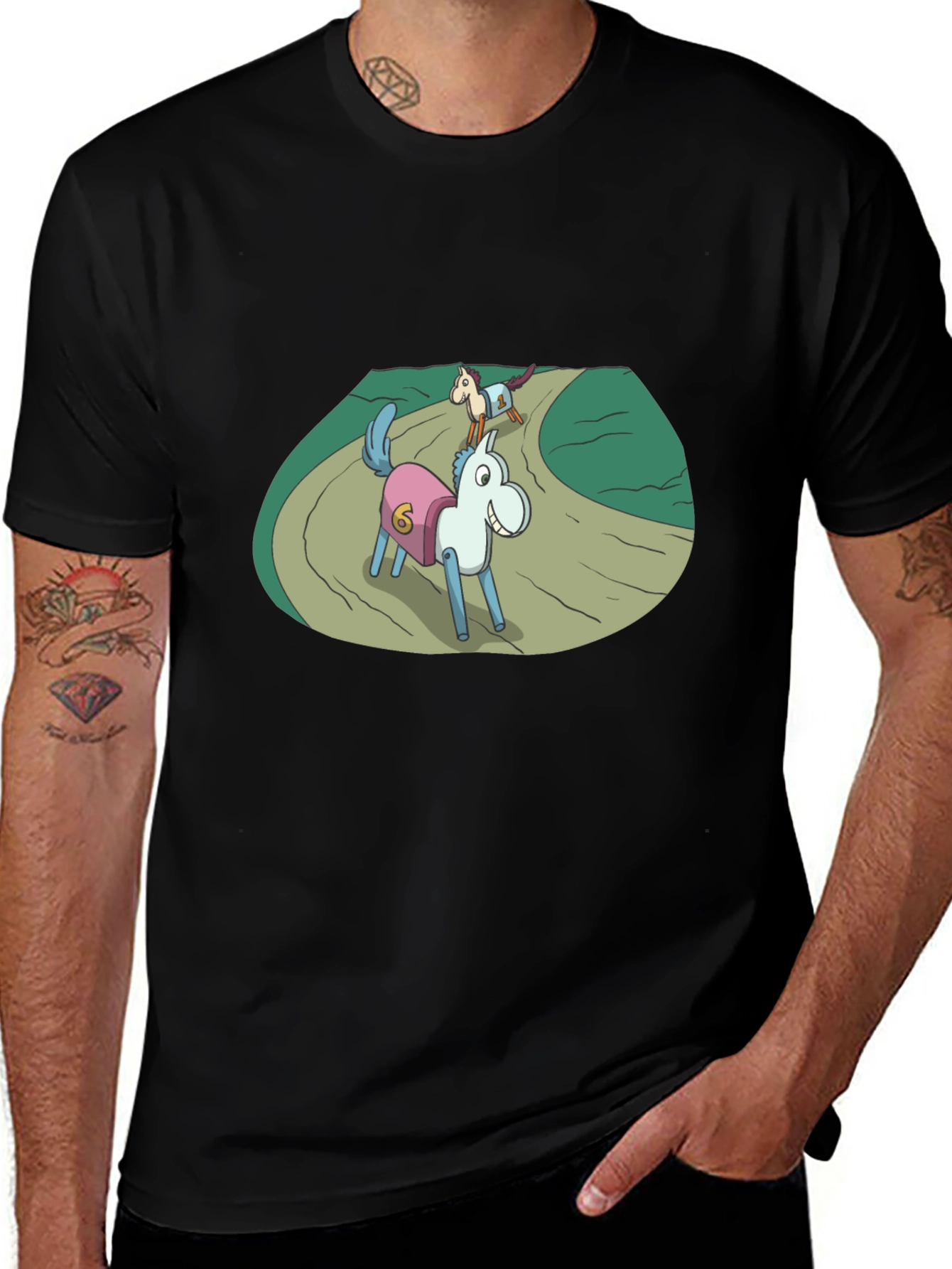 Cartoon Horse Race Black T-Shirt