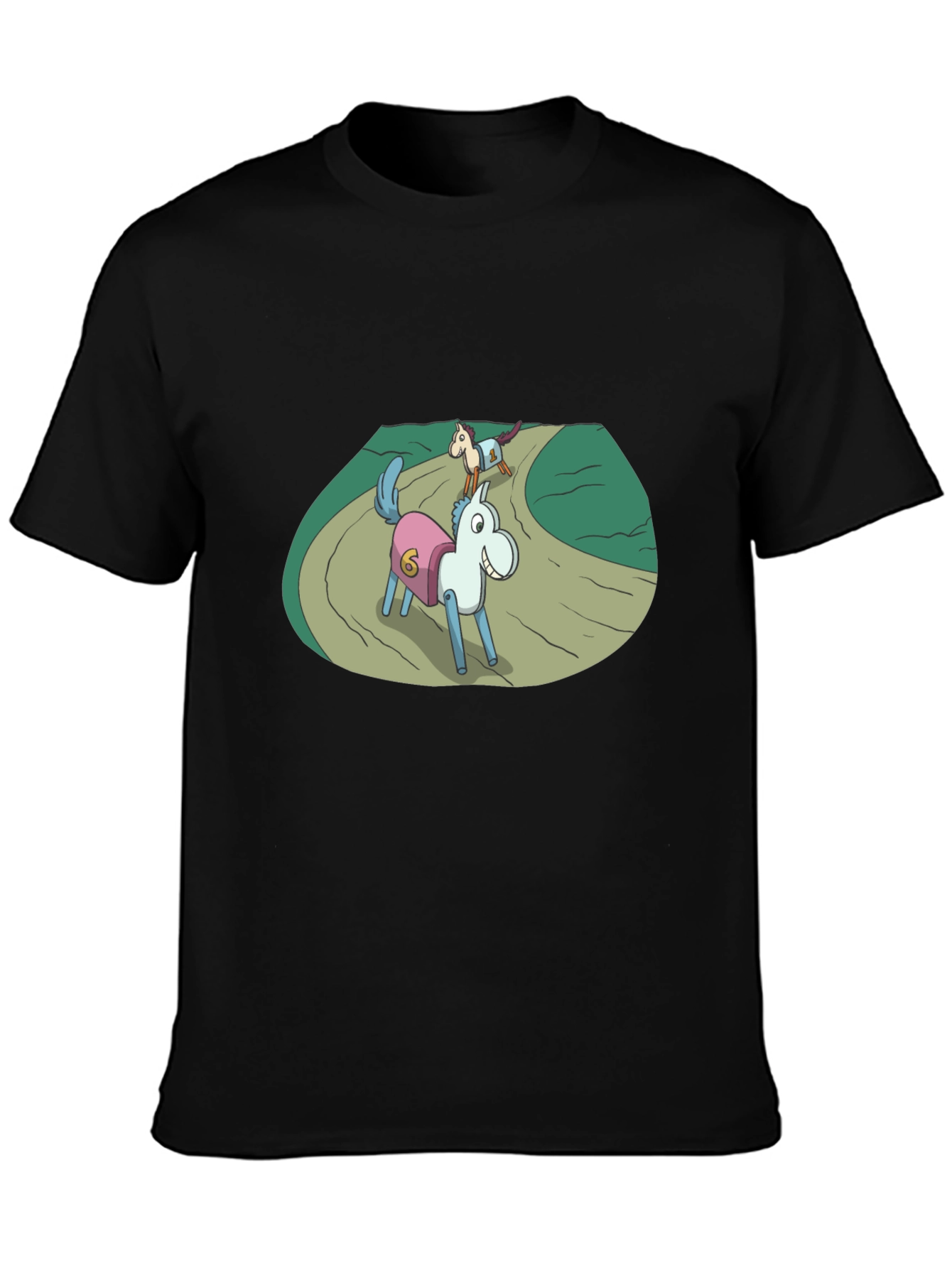 Cartoon Horse Race Black T-Shirt