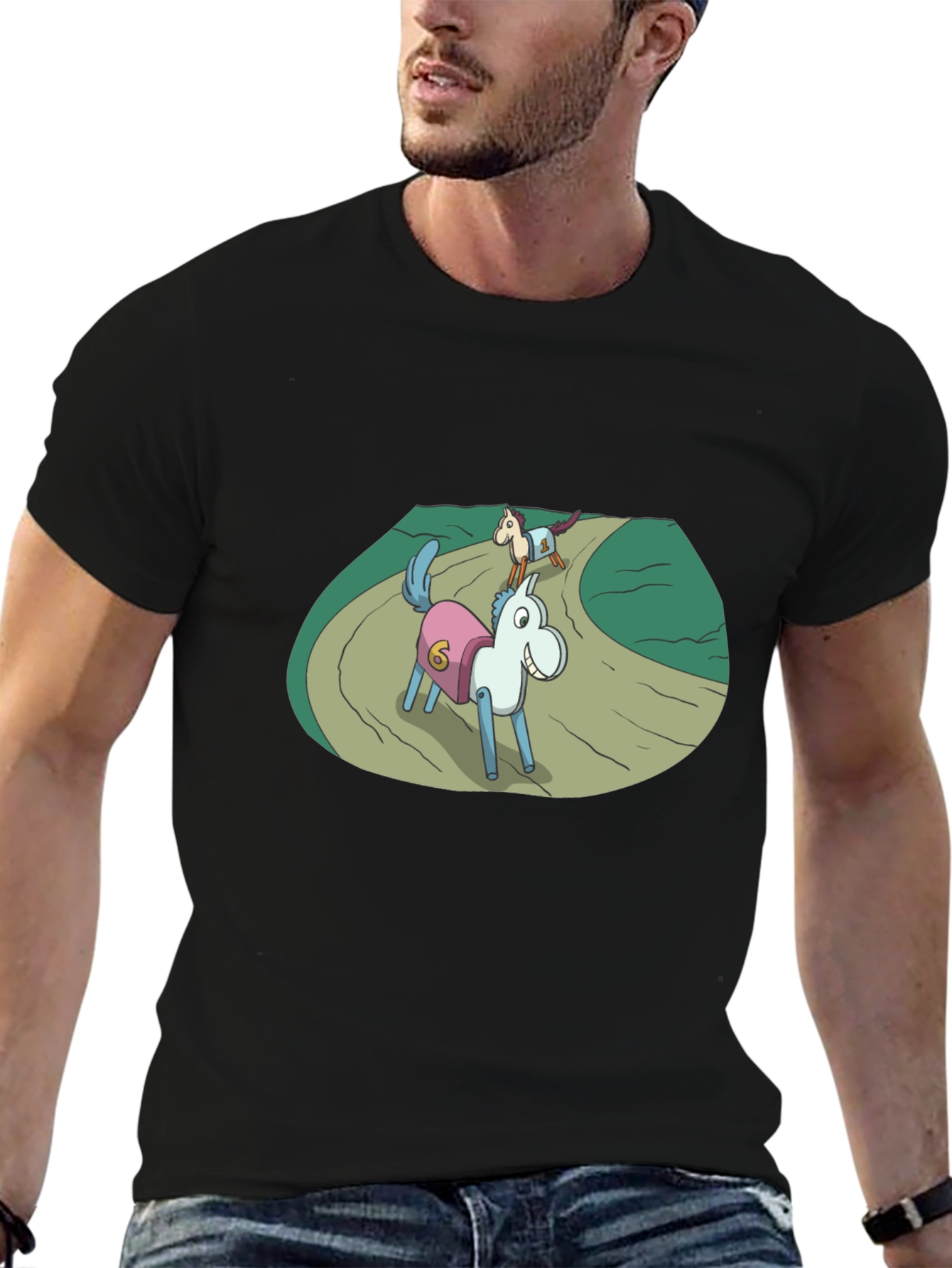 Cartoon Horse Race Black T-Shirt
