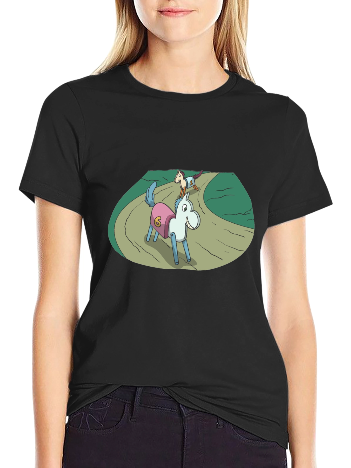 Cartoon Horse Race Black T-Shirt