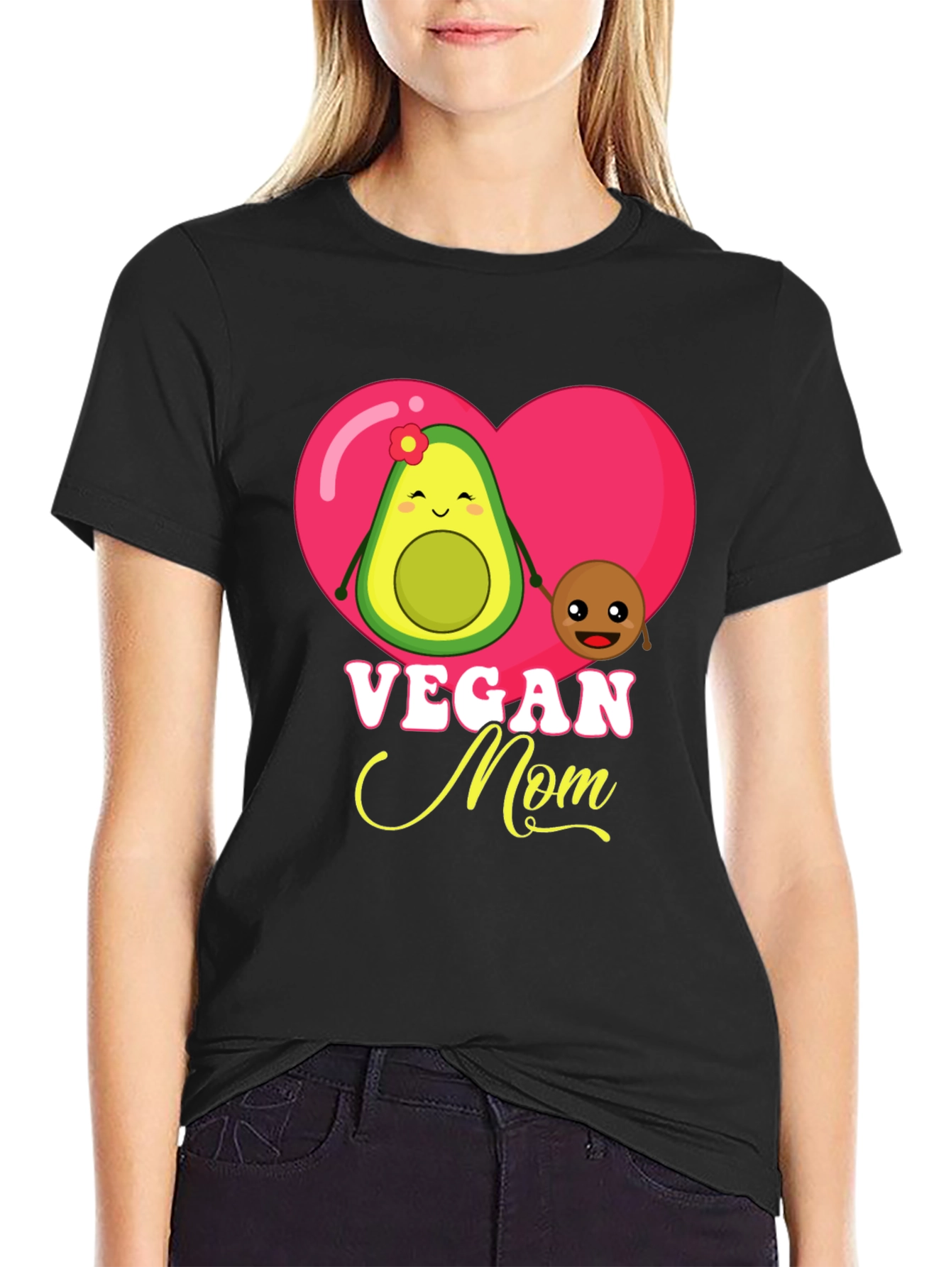 Vegan Mom Graphic T-Shirt Cute Avocado and Pit Design