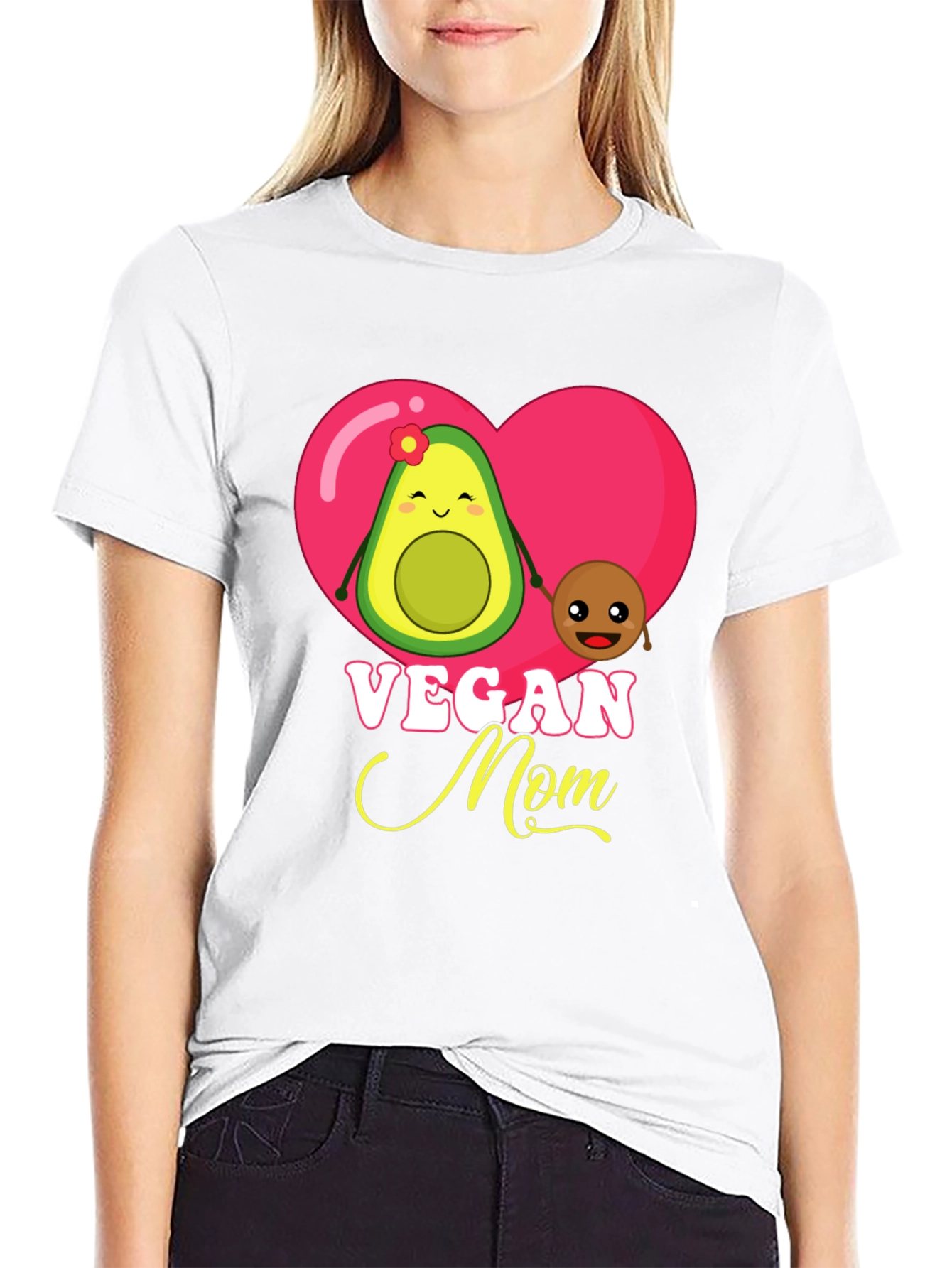 Vegan Mom Graphic T-Shirt Cute Avocado and Pit Design