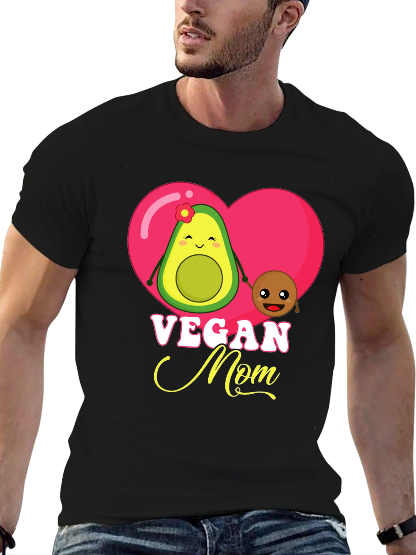 Vegan Mom Graphic T-Shirt Cute Avocado and Pit Design
