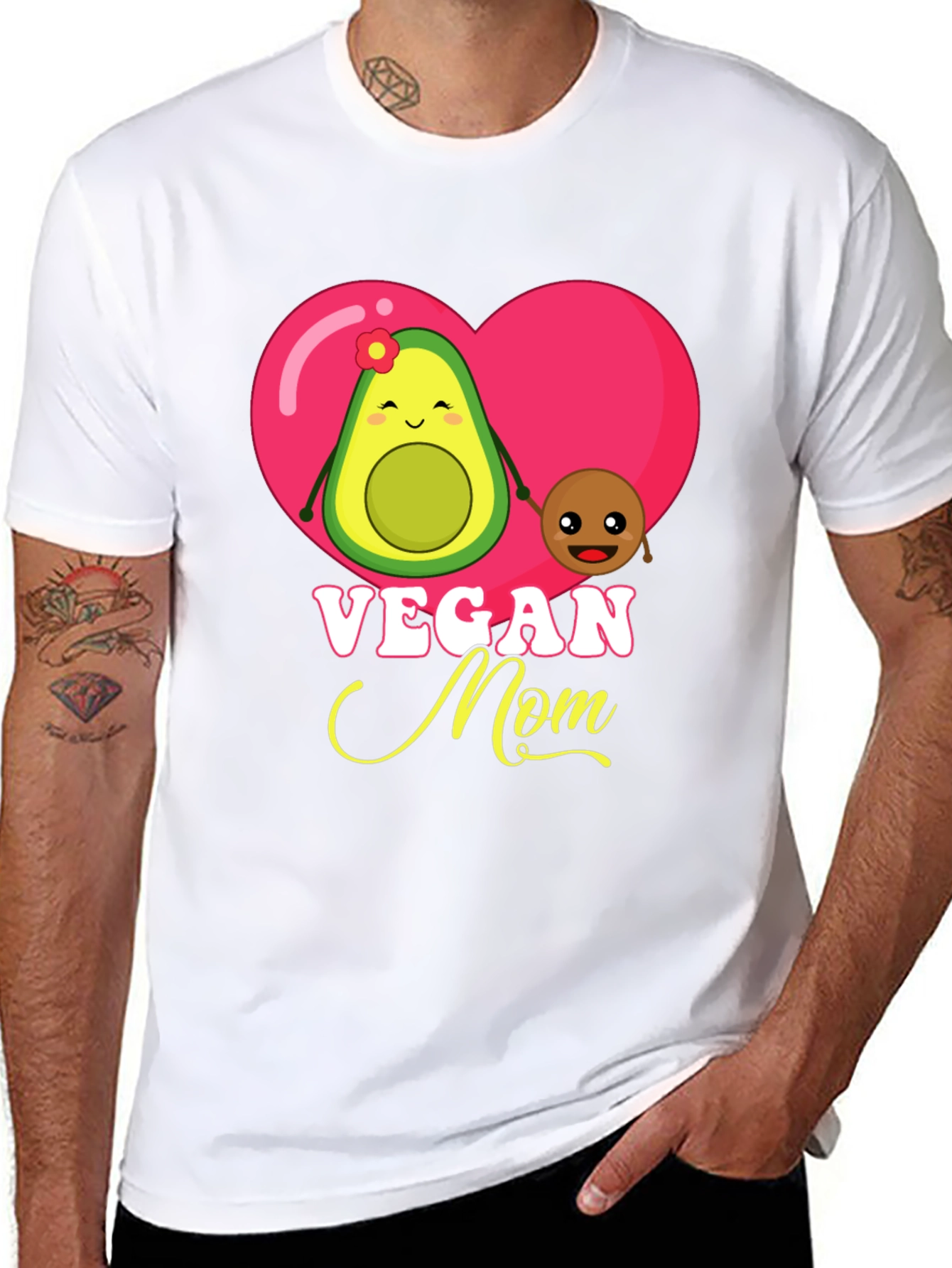 Vegan Mom Graphic T-Shirt Cute Avocado and Pit Design