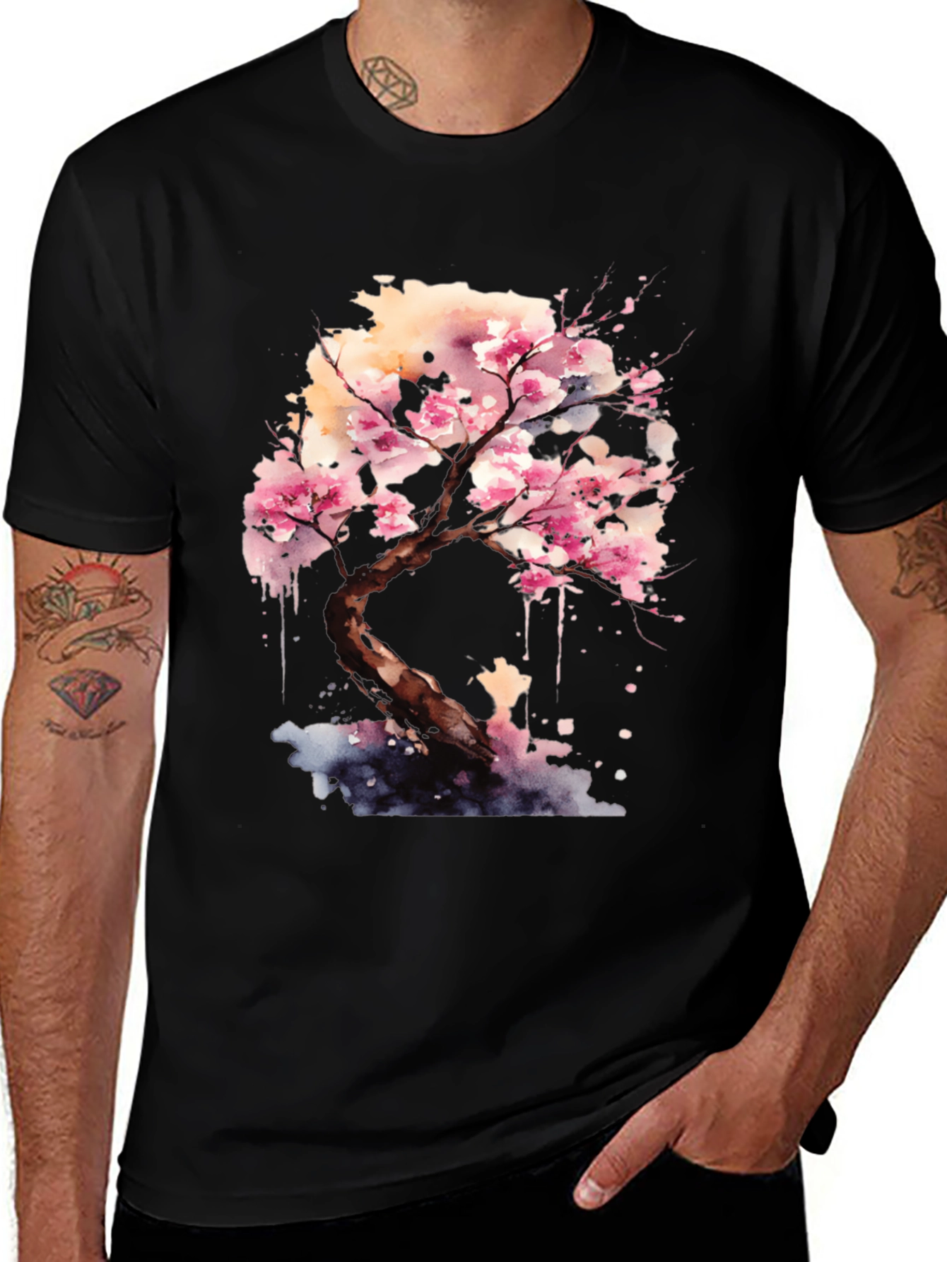 Cherry Blossom Tree Graphic Black T-Shirt