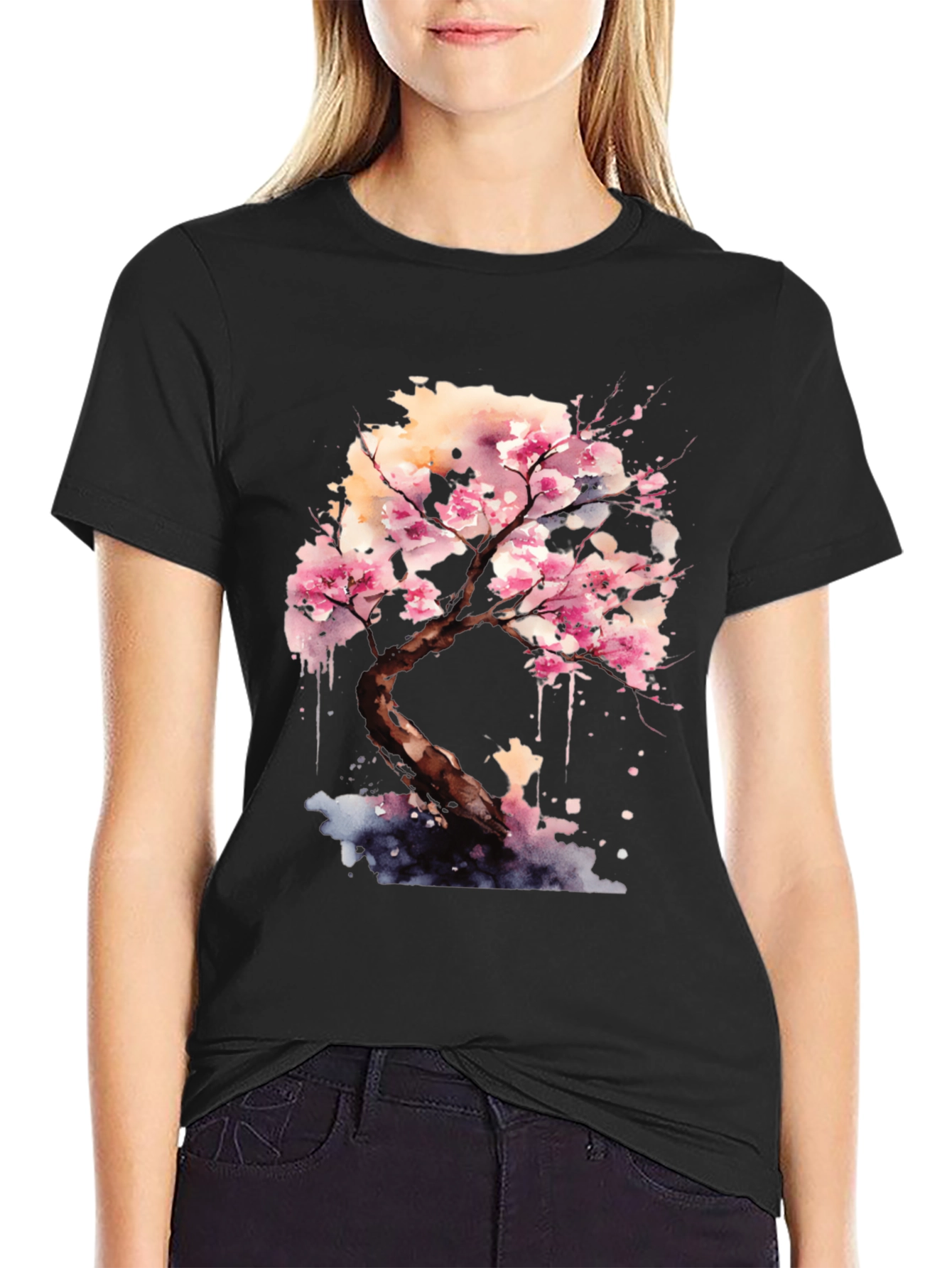 Cherry Blossom Tree Graphic Black T-Shirt