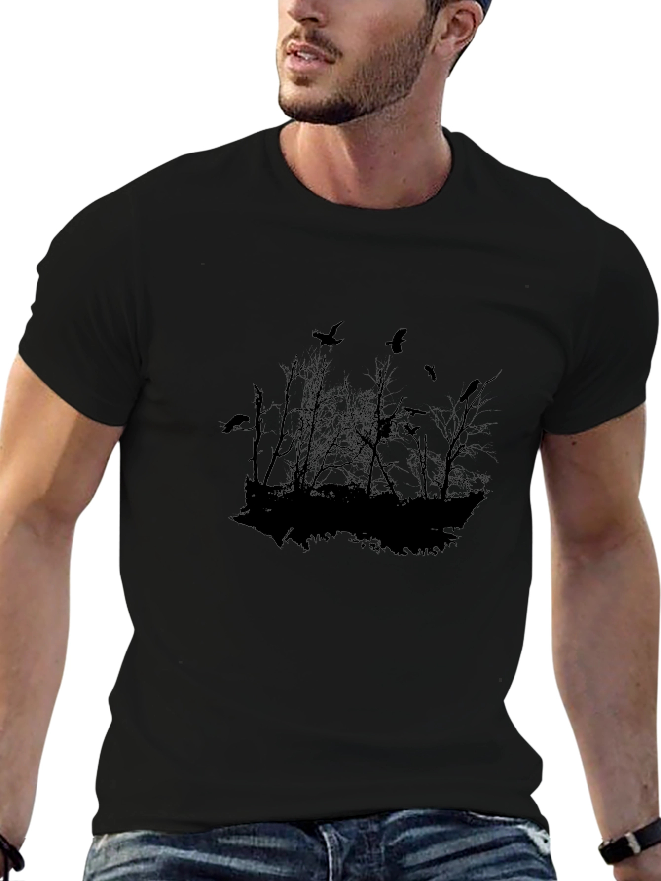 Raven Silhouette Graphic Tee - Dark Forest Design
