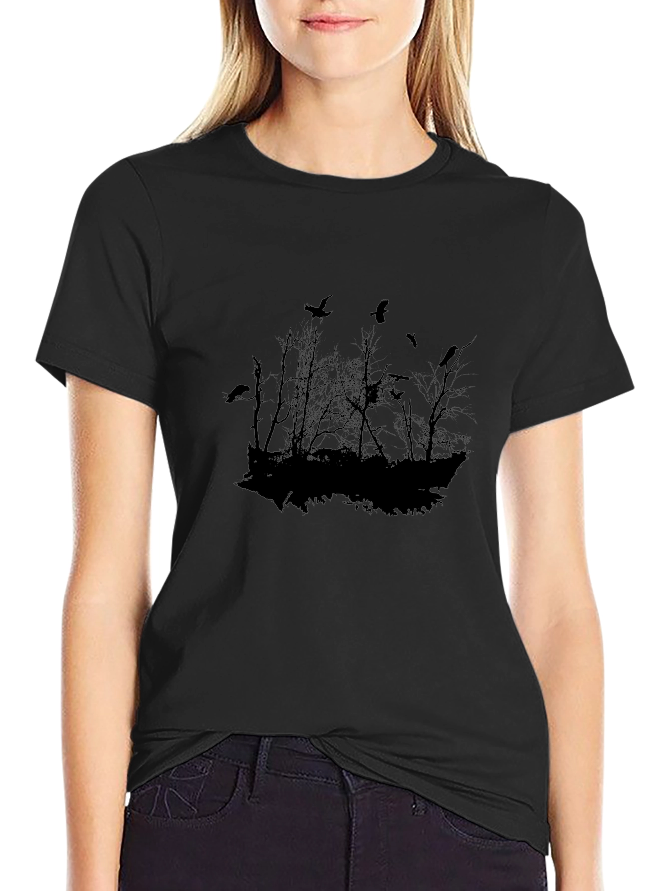 Raven Silhouette Graphic Tee - Dark Forest Design