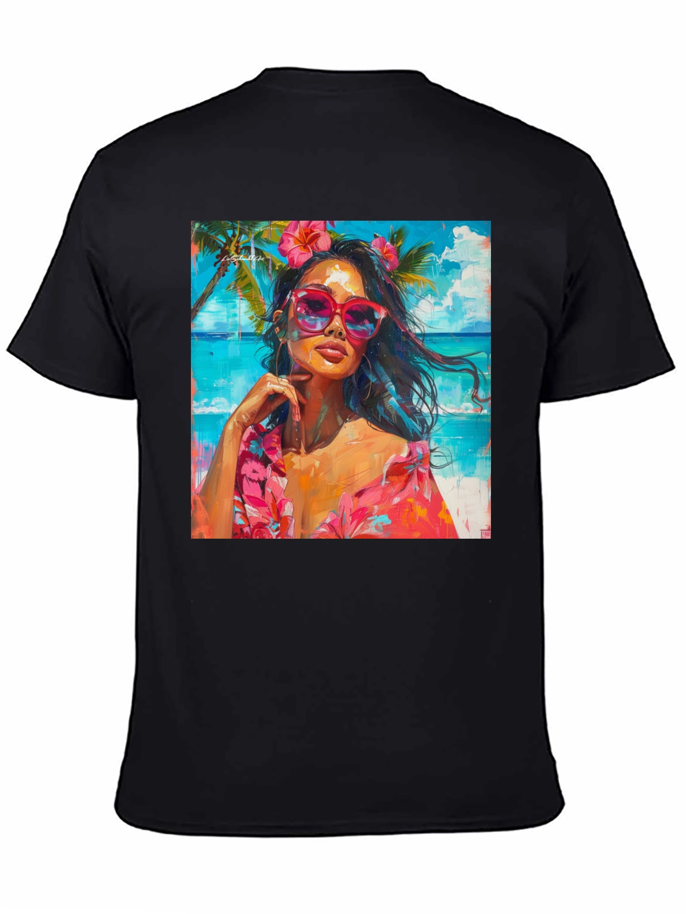Tropical Beach Woman Graphic Print Black T-Shirt