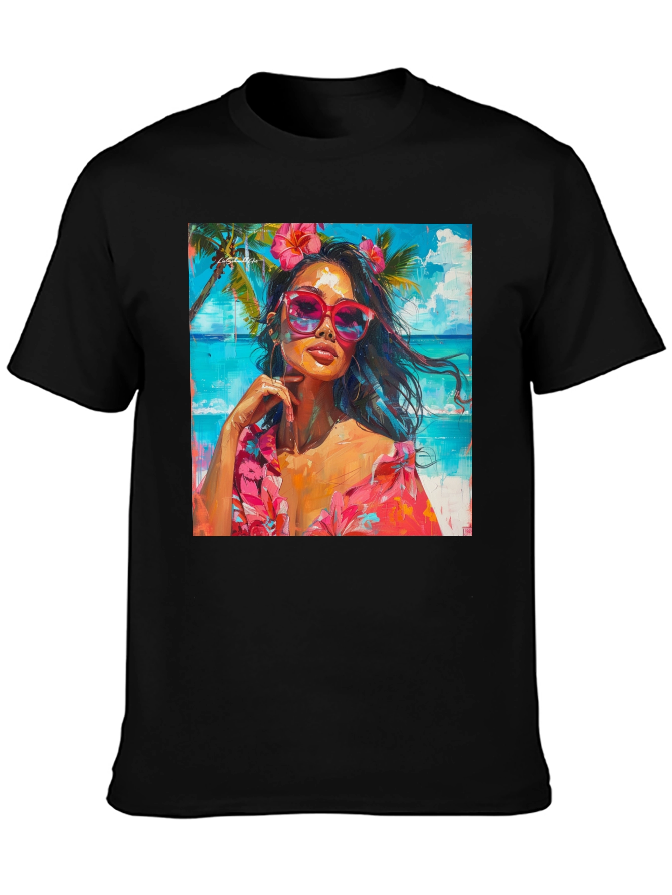 Tropical Beach Woman Graphic Print Black T-Shirt