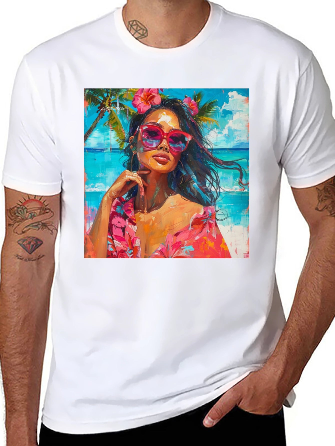 Tropical Beach Woman Graphic Print Black T-Shirt