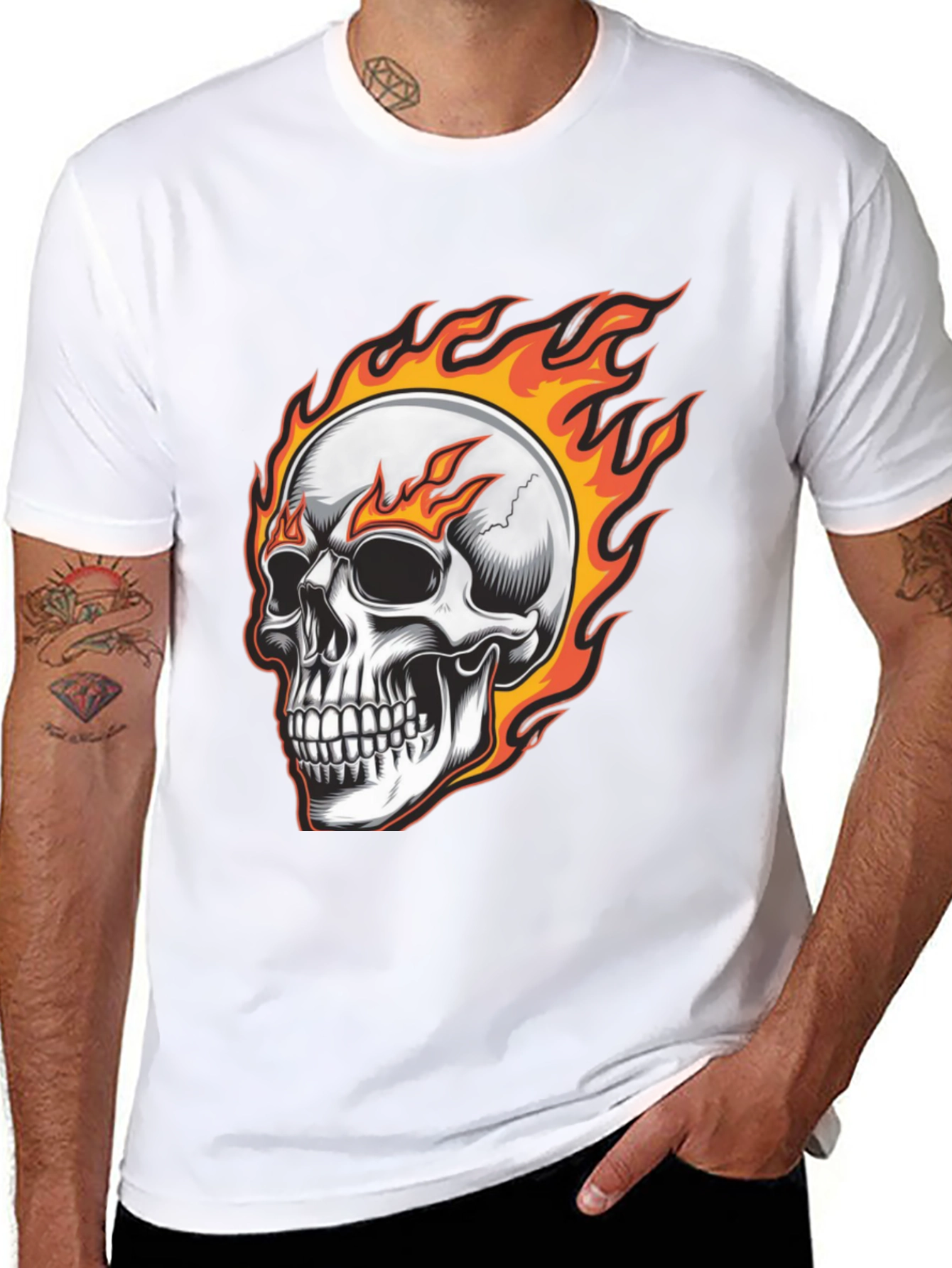 Flaming Skull Graphic Tee - Black Cotton Blend