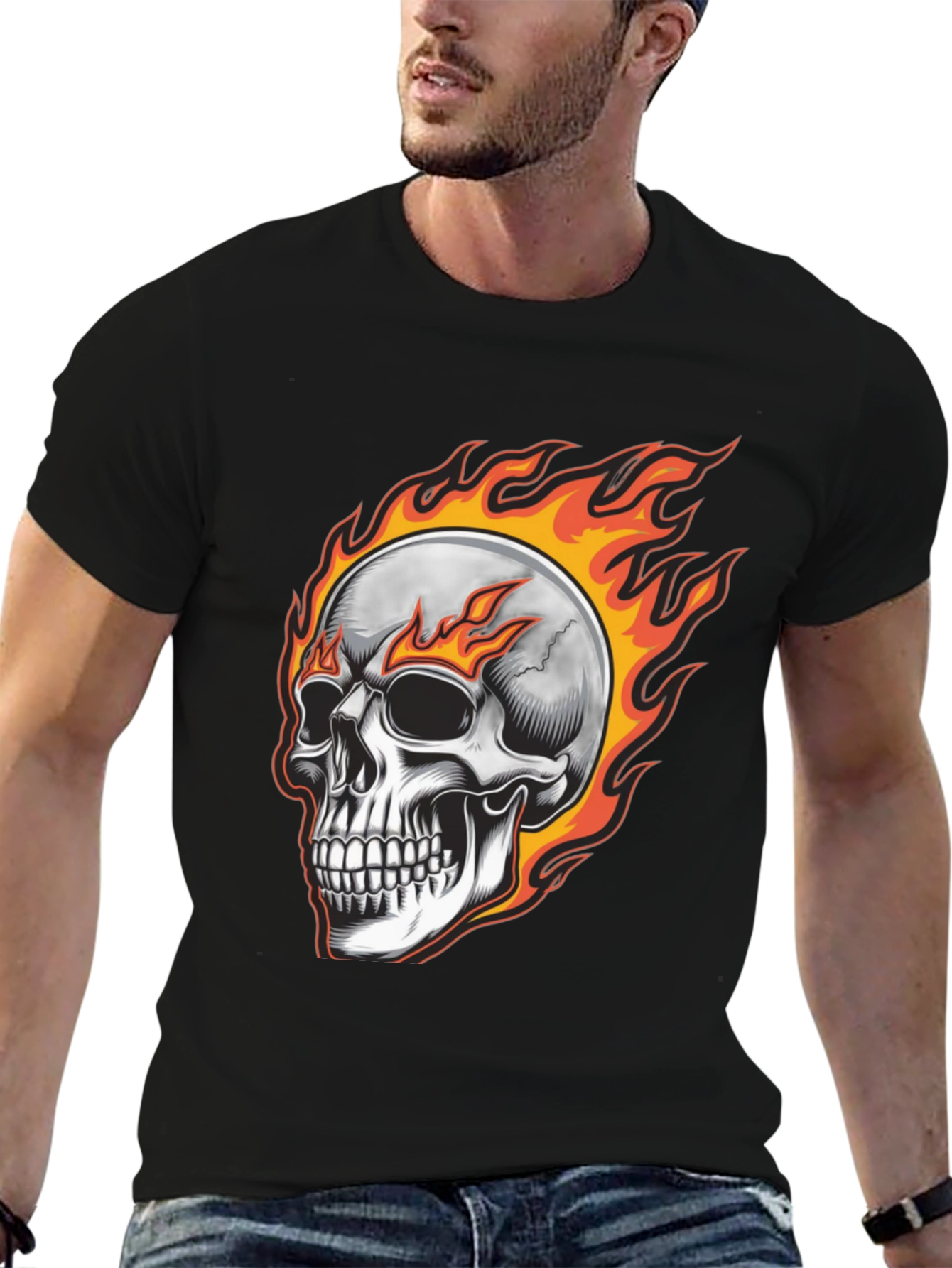 Flaming Skull Graphic Tee - Black Cotton Blend