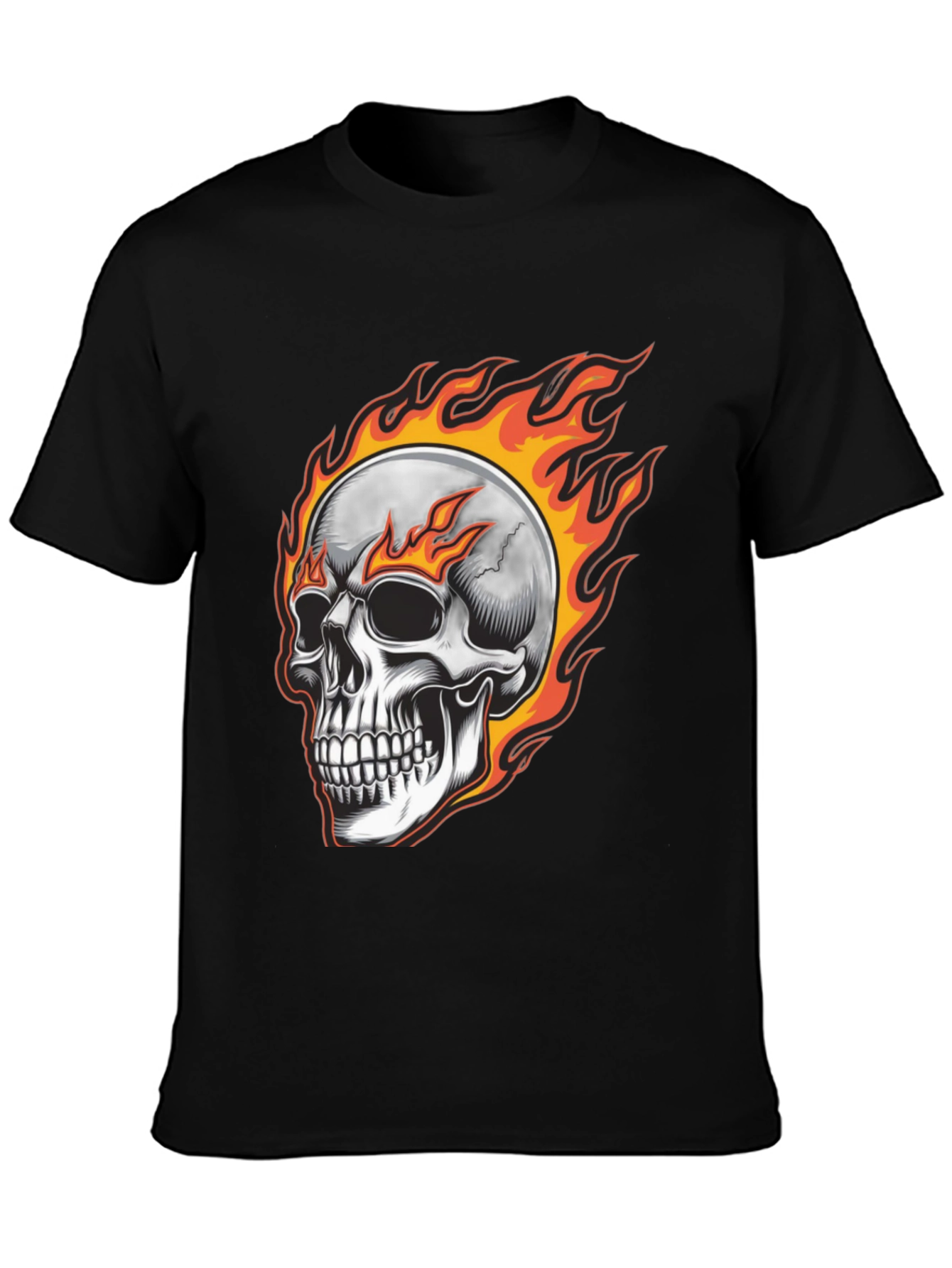Flaming Skull Graphic Tee - Black Cotton Blend