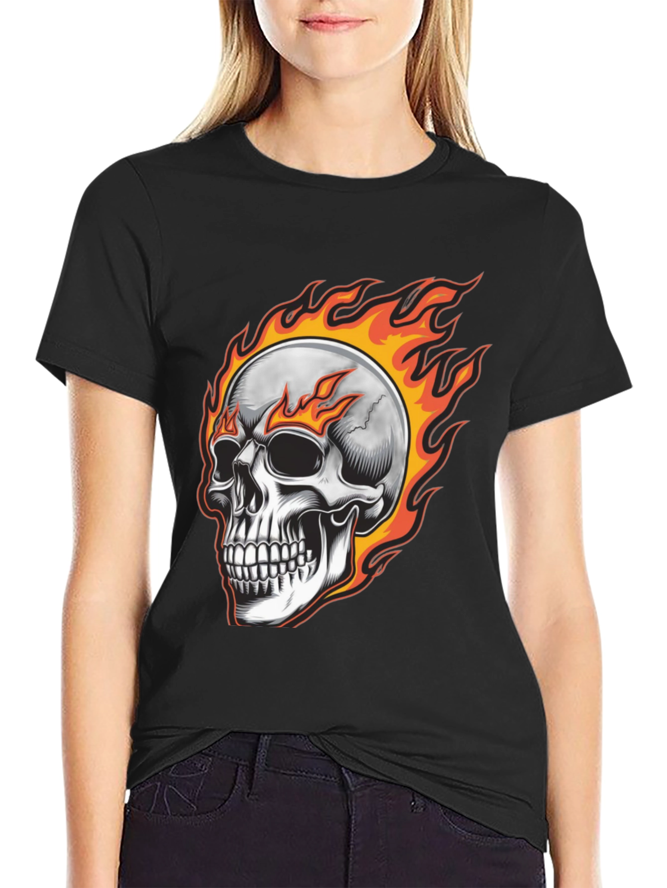 Flaming Skull Graphic Tee - Black Cotton Blend