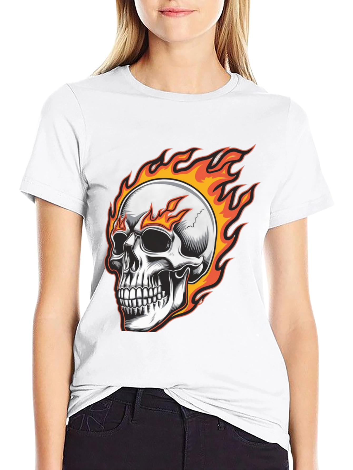 Flaming Skull Graphic Tee - Black Cotton Blend