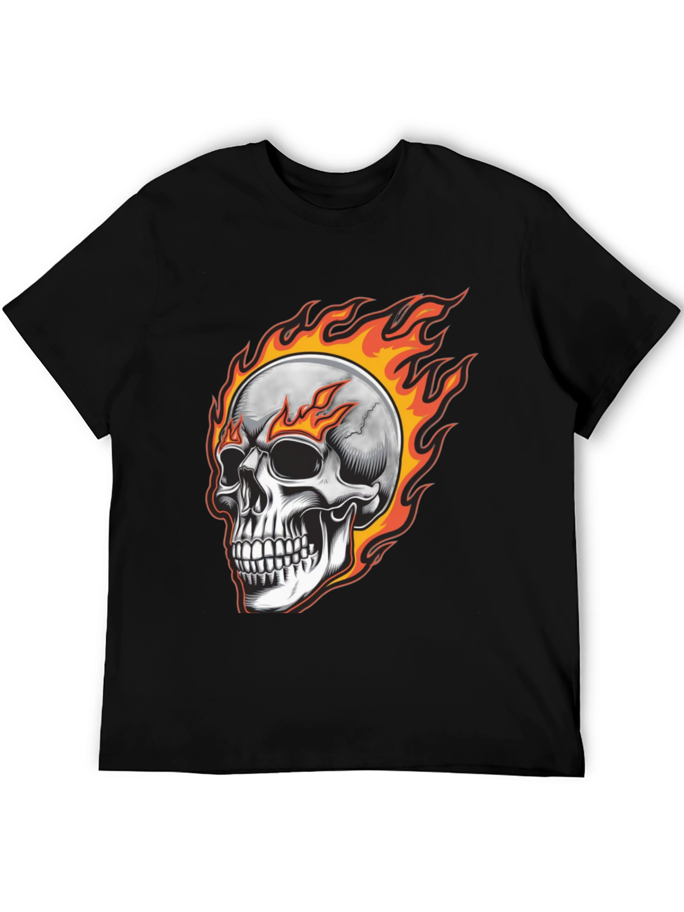 Flaming Skull Graphic Tee - Black Cotton Blend