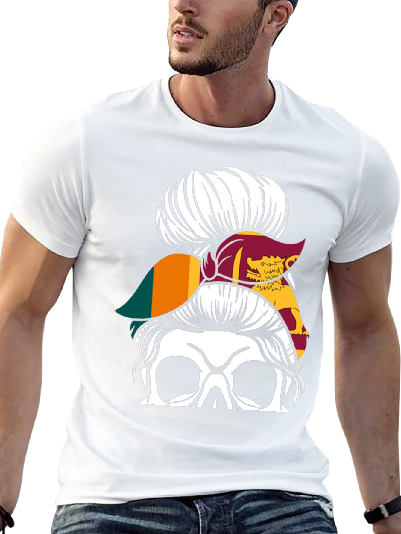 Sri Lanka Flag Messy Bun Skull T-Shirt