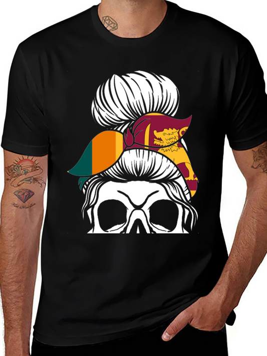 Sri Lanka Flag Messy Bun Skull T-Shirt