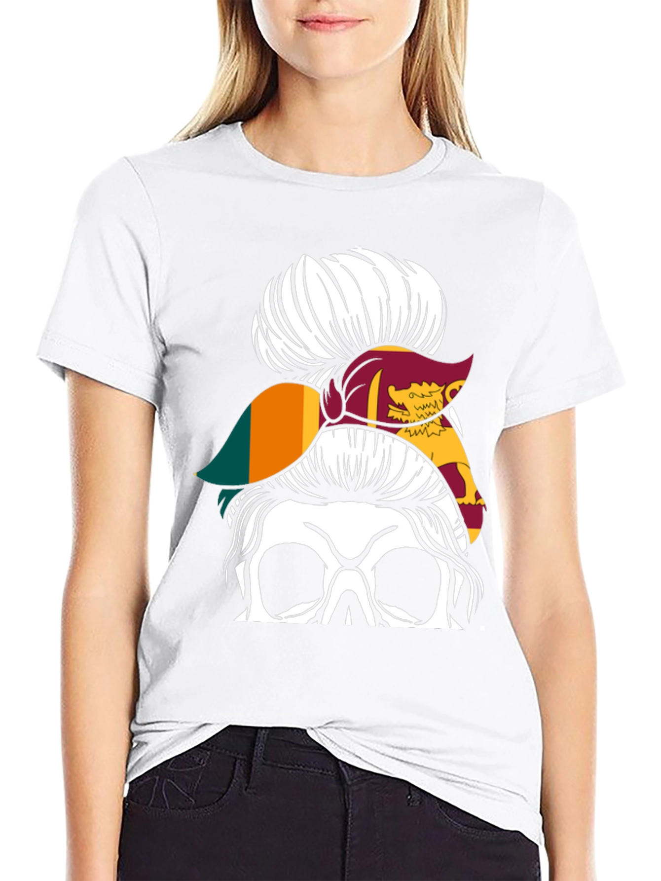 Sri Lanka Flag Messy Bun Skull T-Shirt