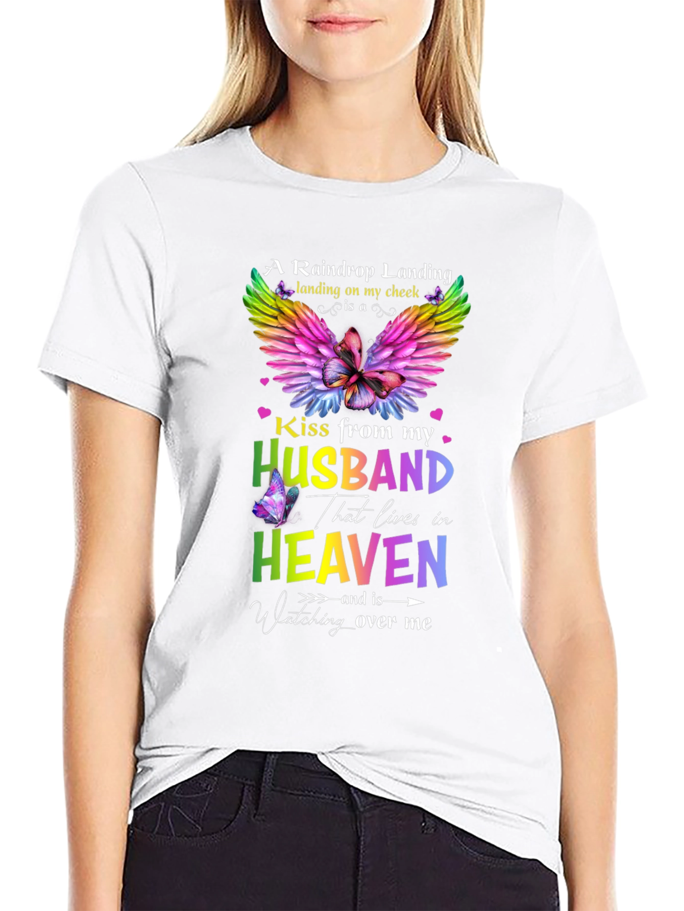 Husband in Heaven Memorial T-Shirt Butterfly Rainbow