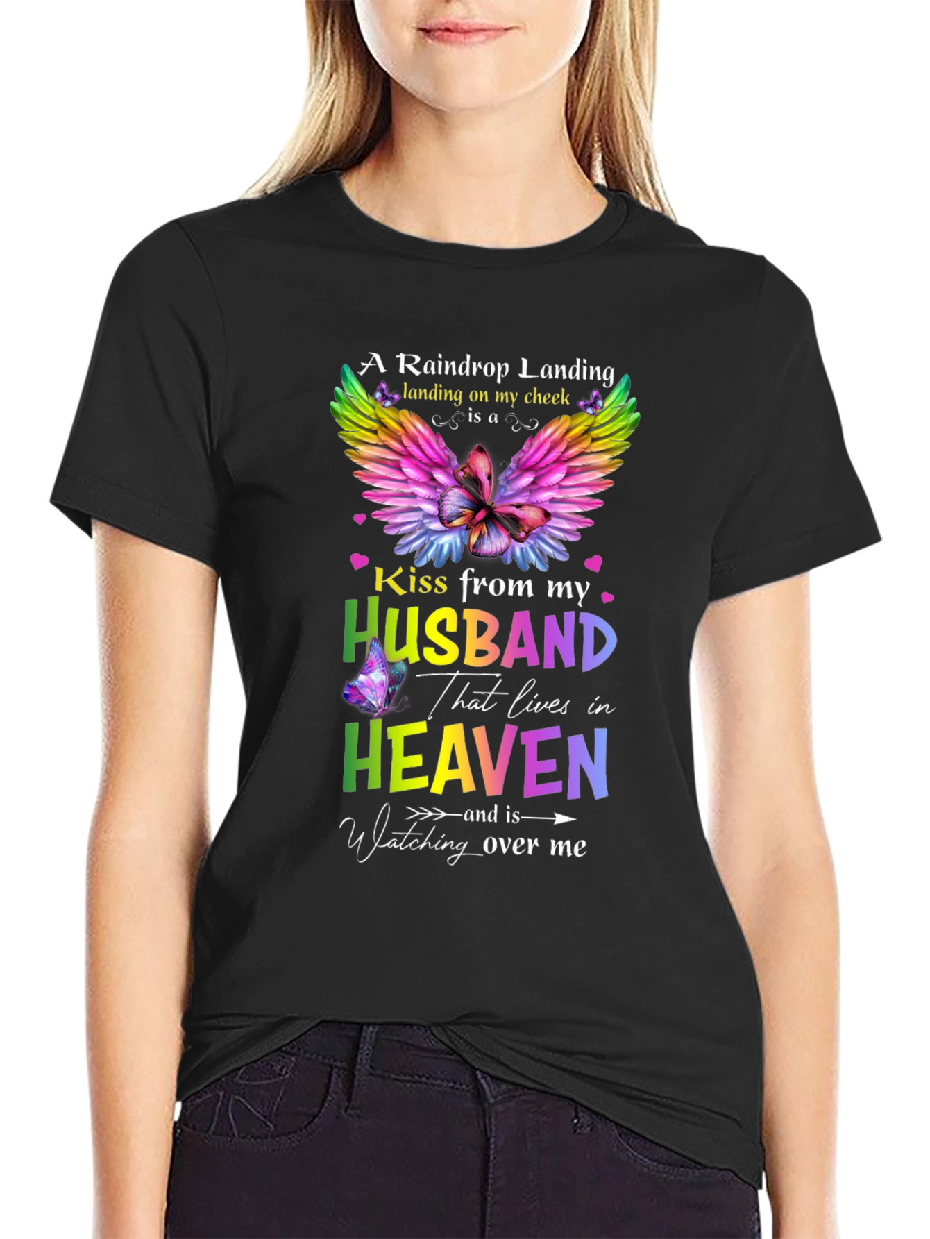 Husband in Heaven Memorial T-Shirt Butterfly Rainbow