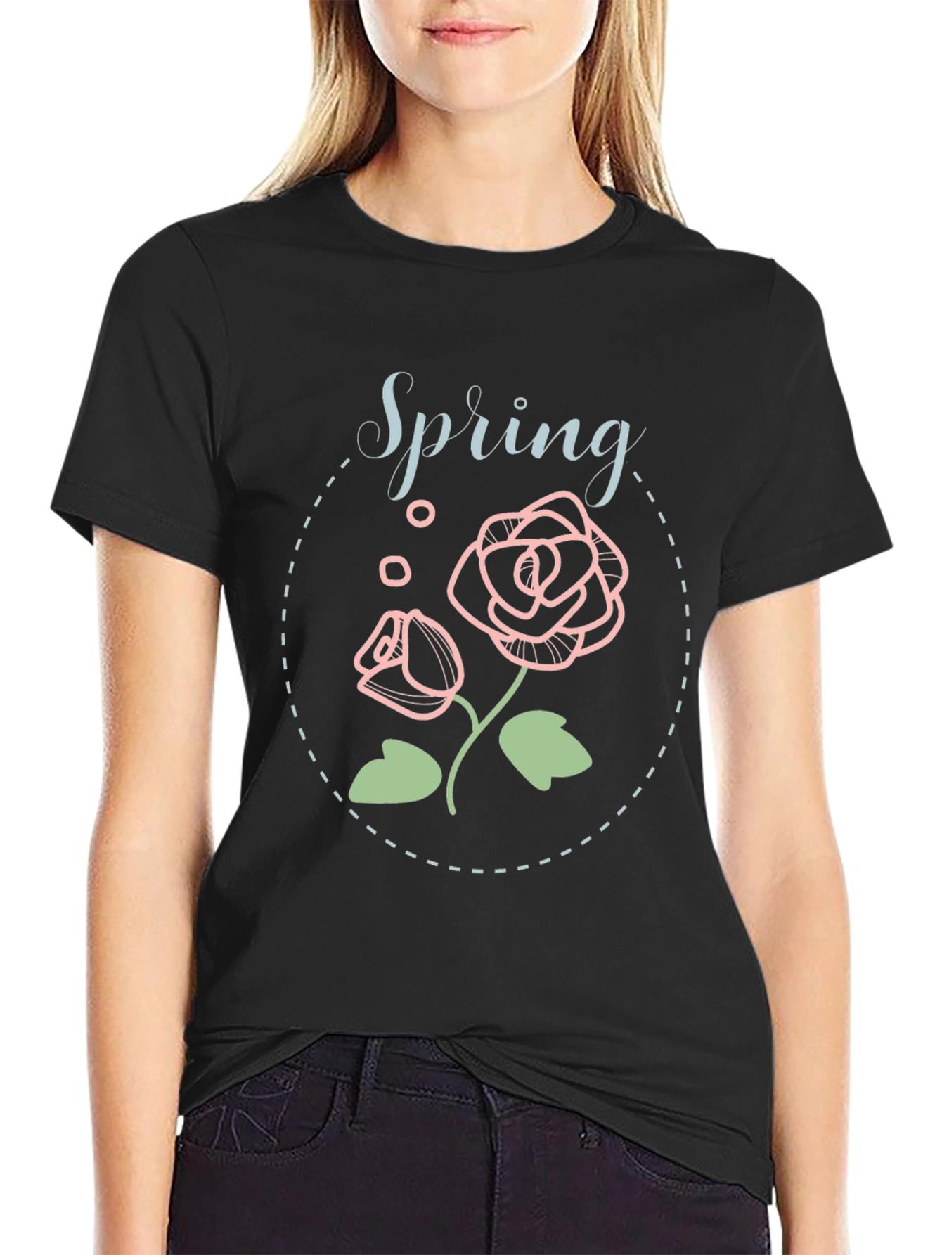 Spring Floral Graphic Tee - Black Casual Shirt