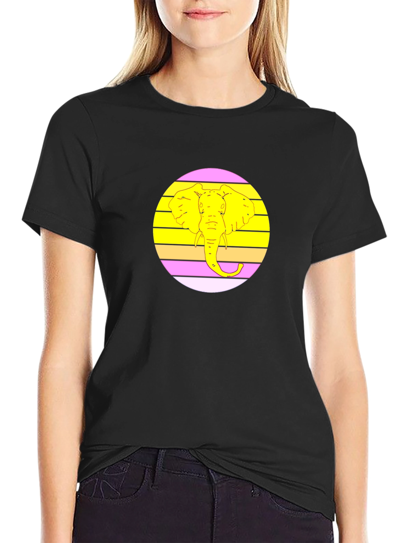 Retro Elephant Graphic Tee - Black Cotton T-Shirt