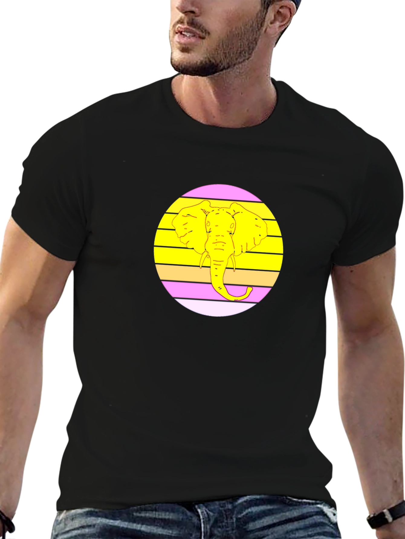 Retro Elephant Graphic Tee - Black Cotton T-Shirt