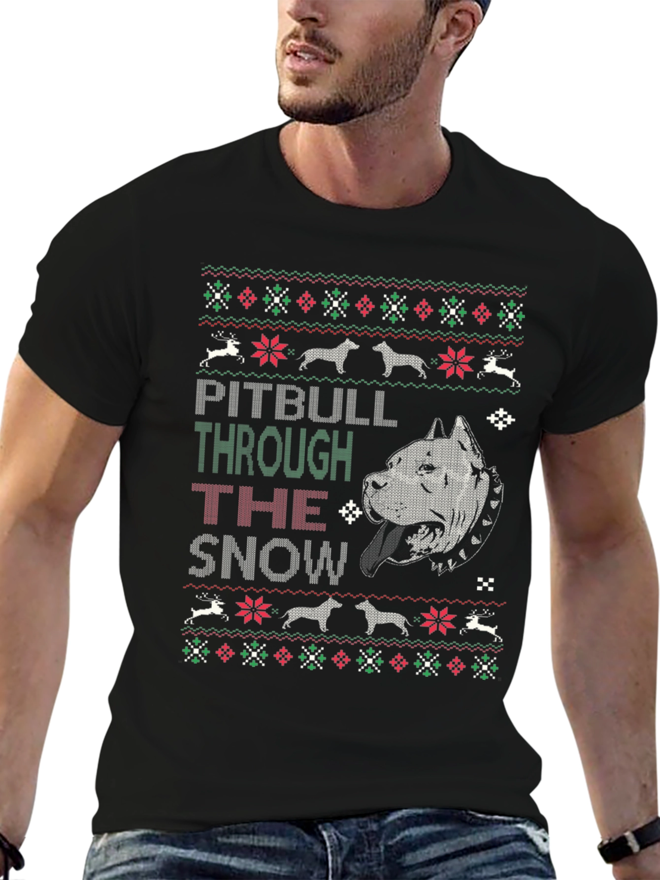 Pitbull Through The Snow Christmas T-Shirt