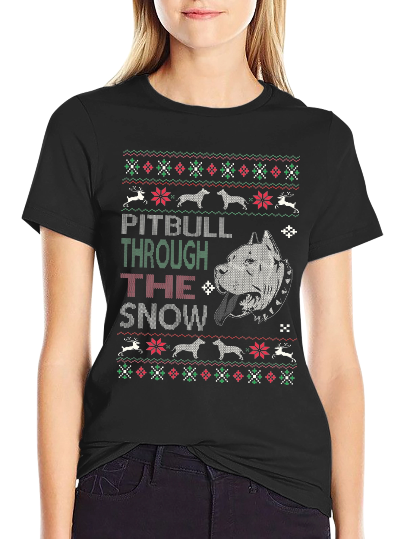 Pitbull Through The Snow Christmas T-Shirt