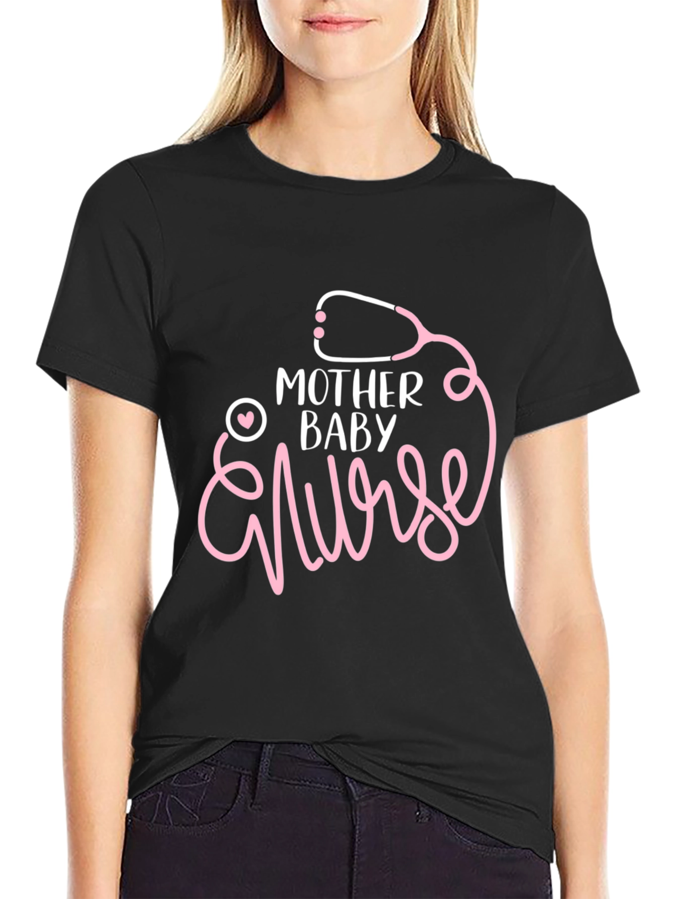 Mother Baby Nurse Stethoscope Graphic Tee - Black