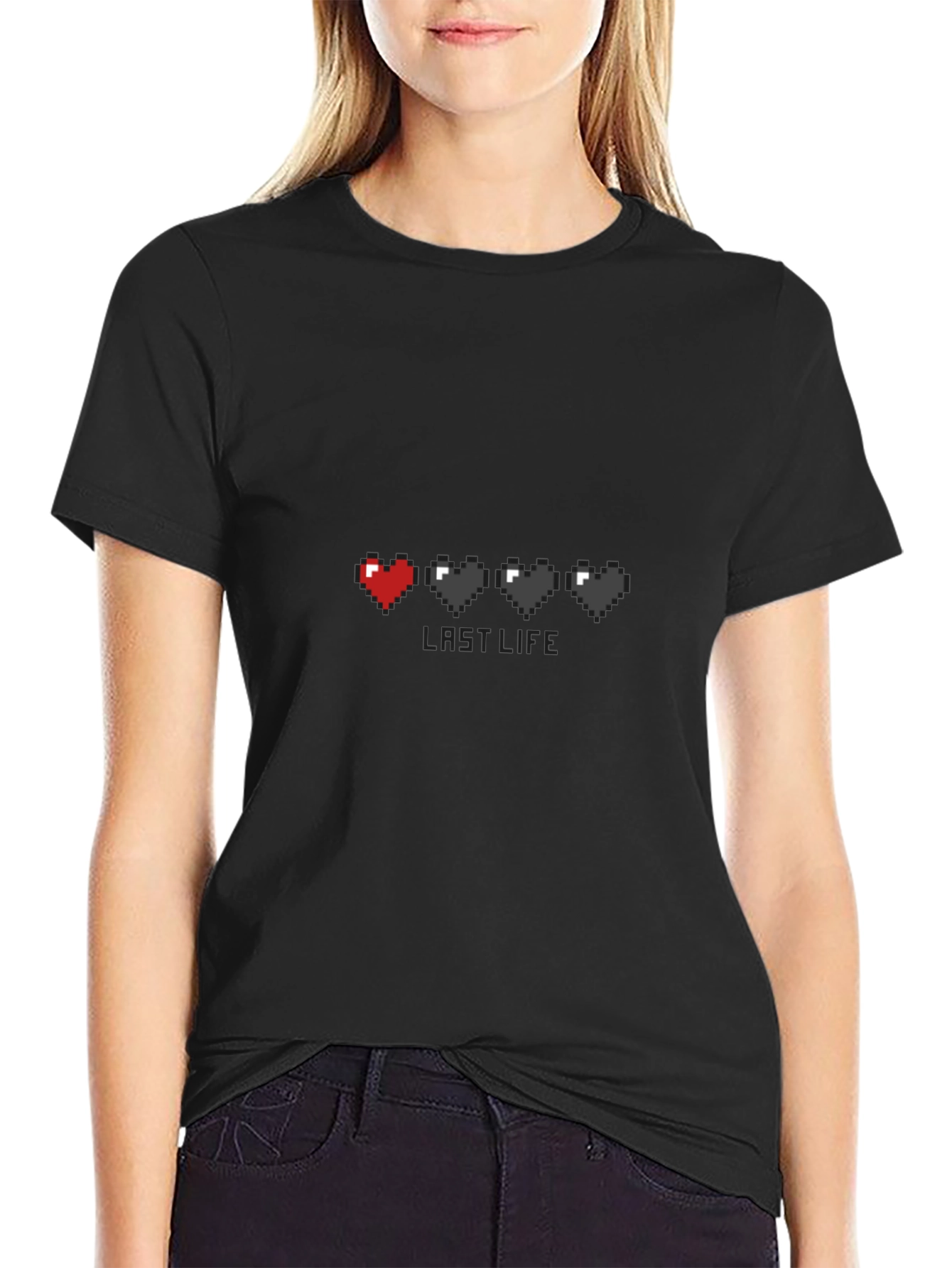 Last Life Gamer Pixel Heart Black T-Shirt