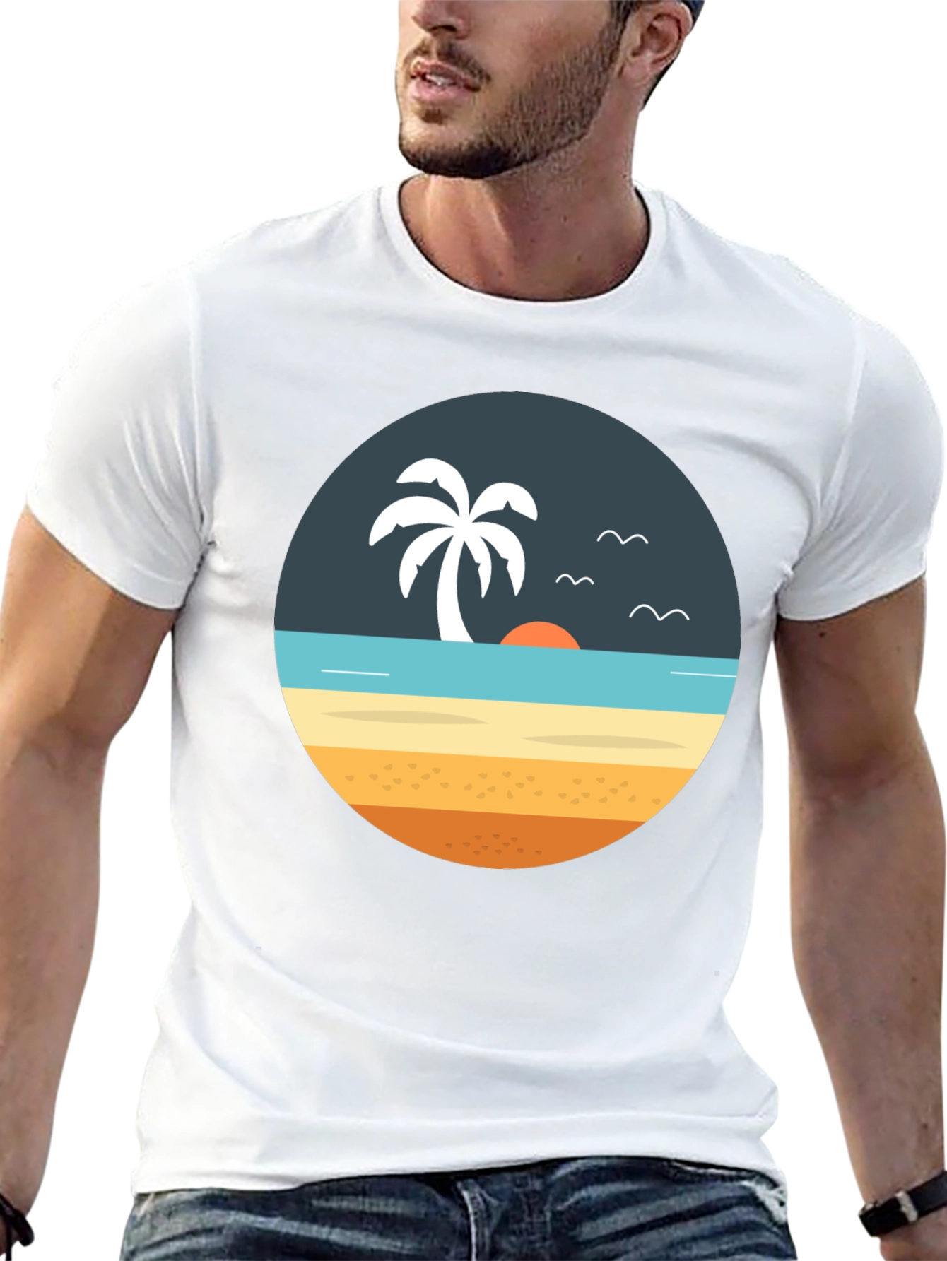 Beach Scene Graphic Tee - Tropical Island Vibe