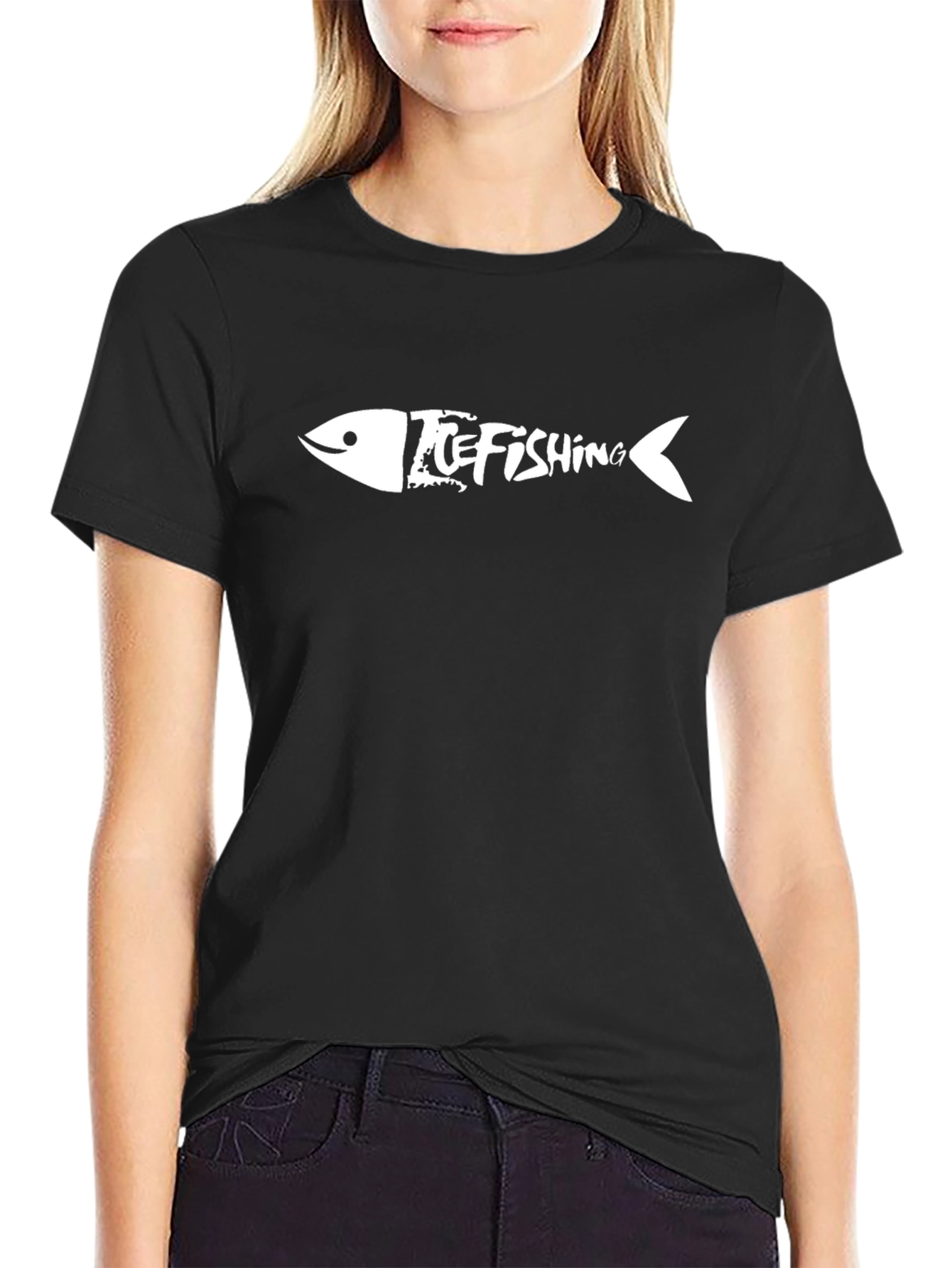 Ice Fishing Fishbone Graphic T-Shirt - Black