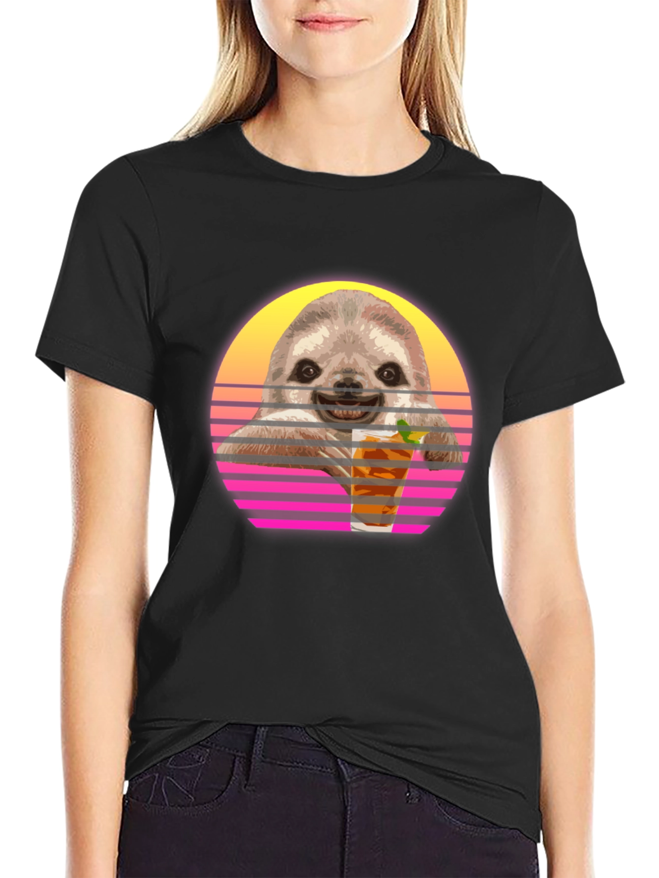 Retro Sloth Sipping T-Shirt - Black