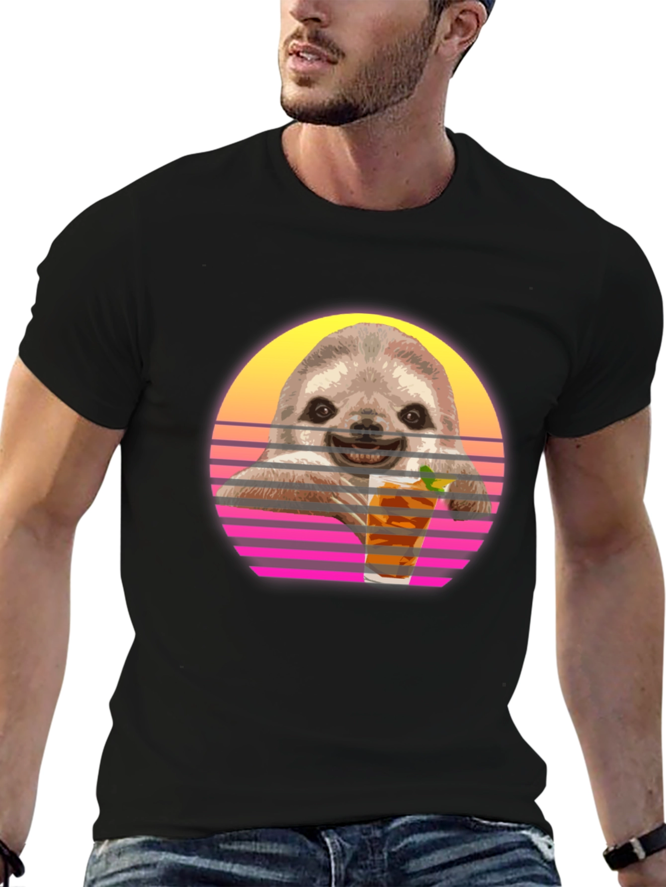 Retro Sloth Sipping T-Shirt - Black